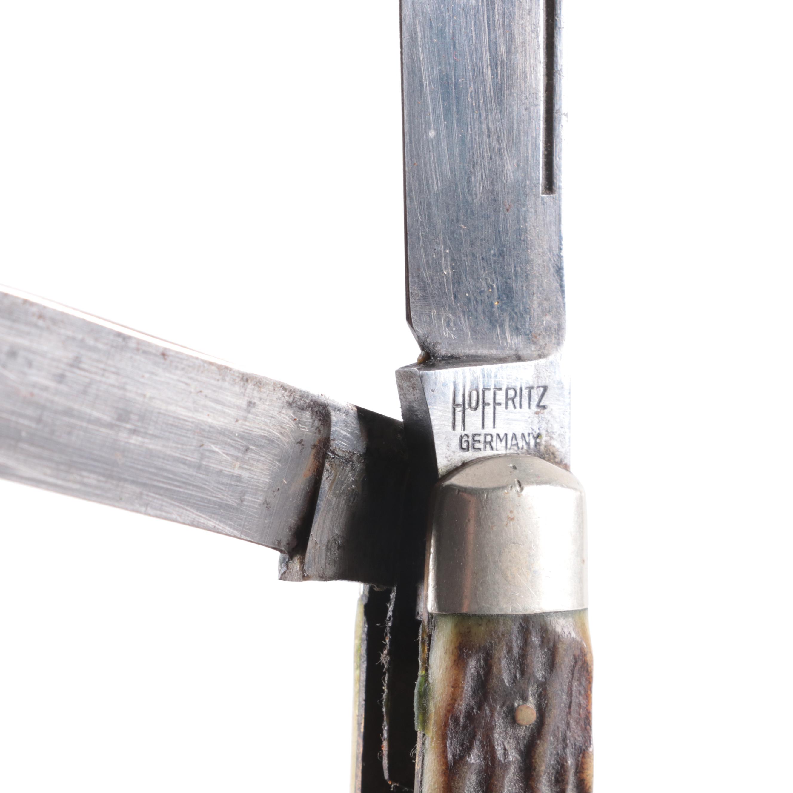 Stag Horn Grip Pocket Knives Including Hoffritz of Germany, Mid 20th Century