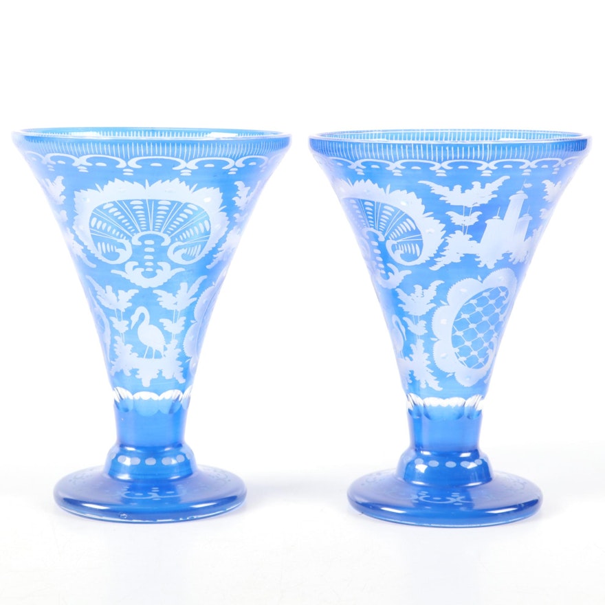 Bohemian Blue Etched to Clear Glass Vases, Early to Mid 20th Century