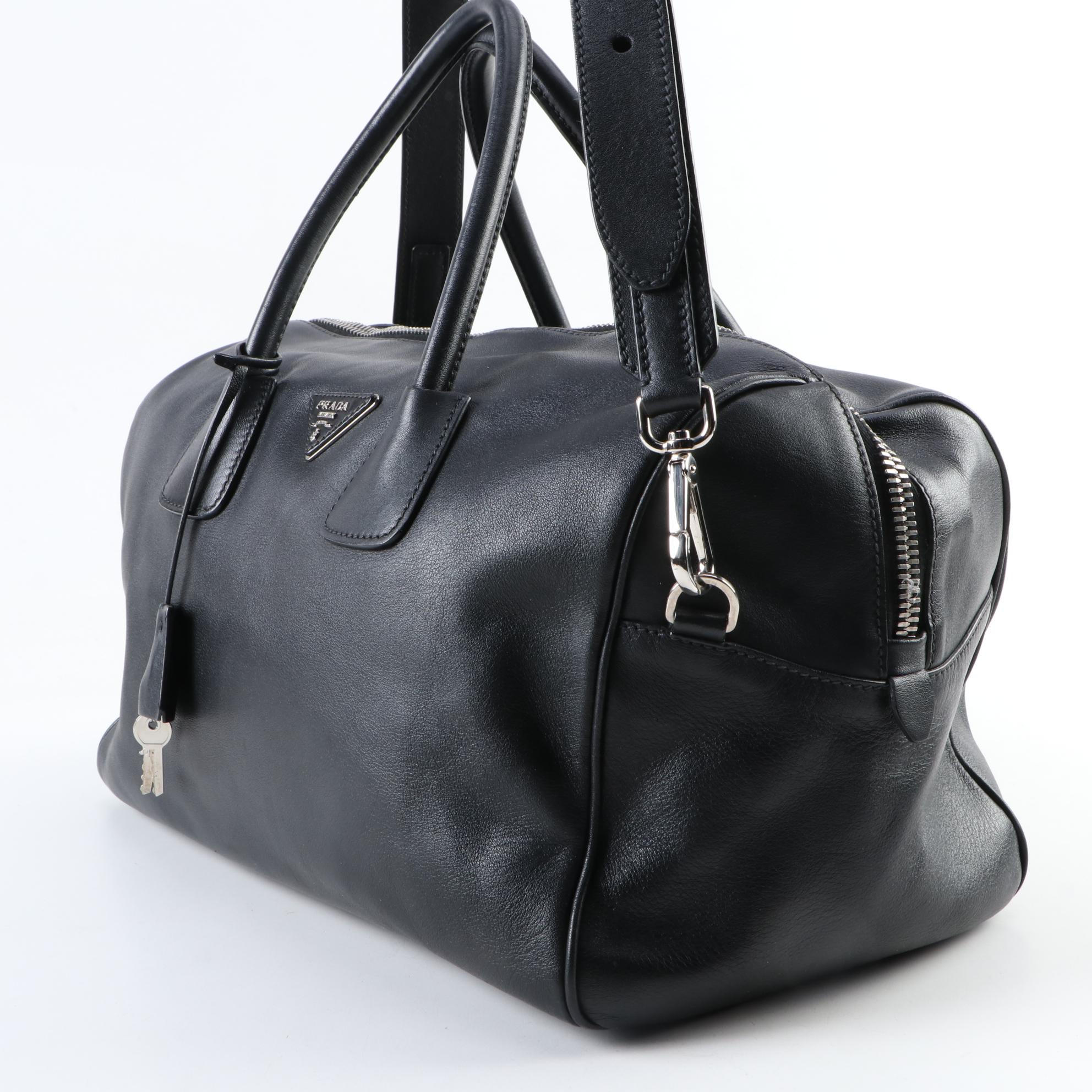 Prada Black Leather Two-Way Duffel Handbag