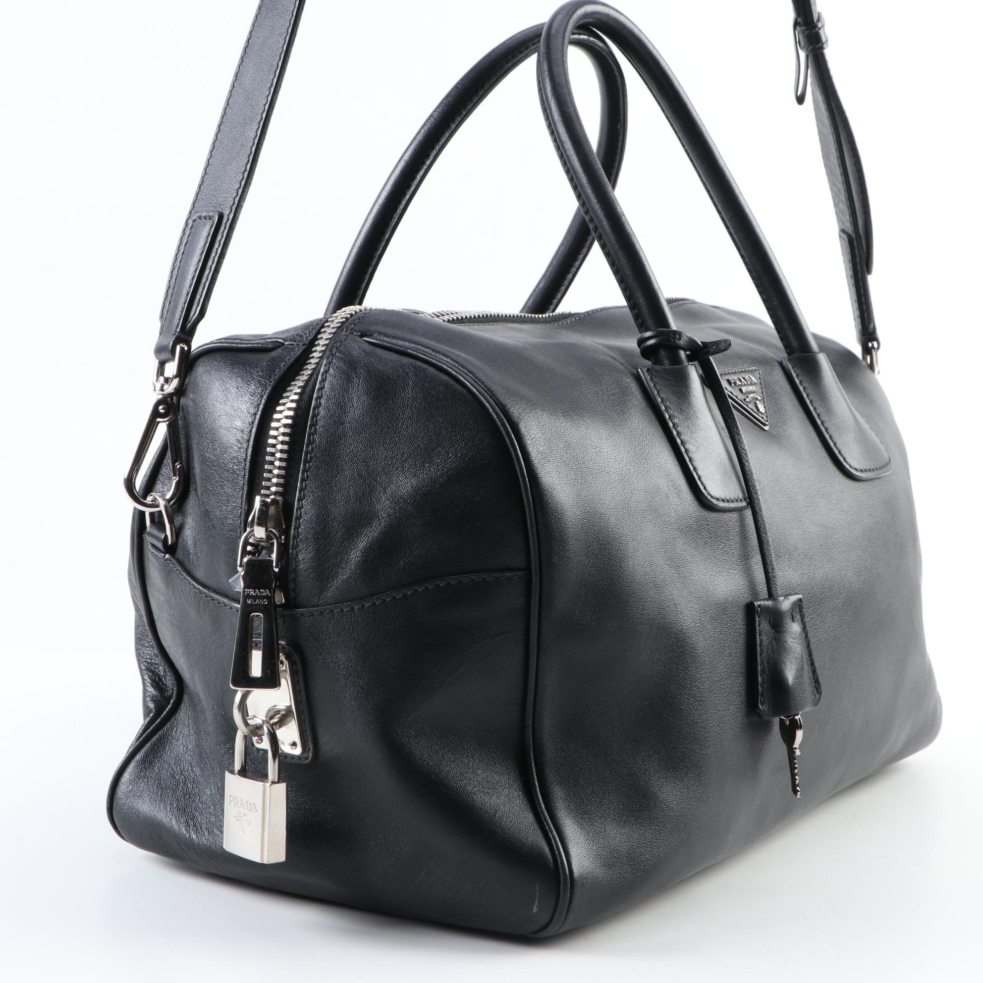 Prada Black Leather Two-Way Duffel Handbag
