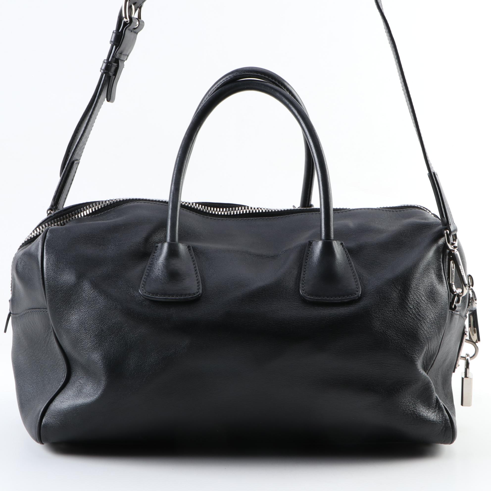 Prada Black Leather Two-Way Duffel Handbag