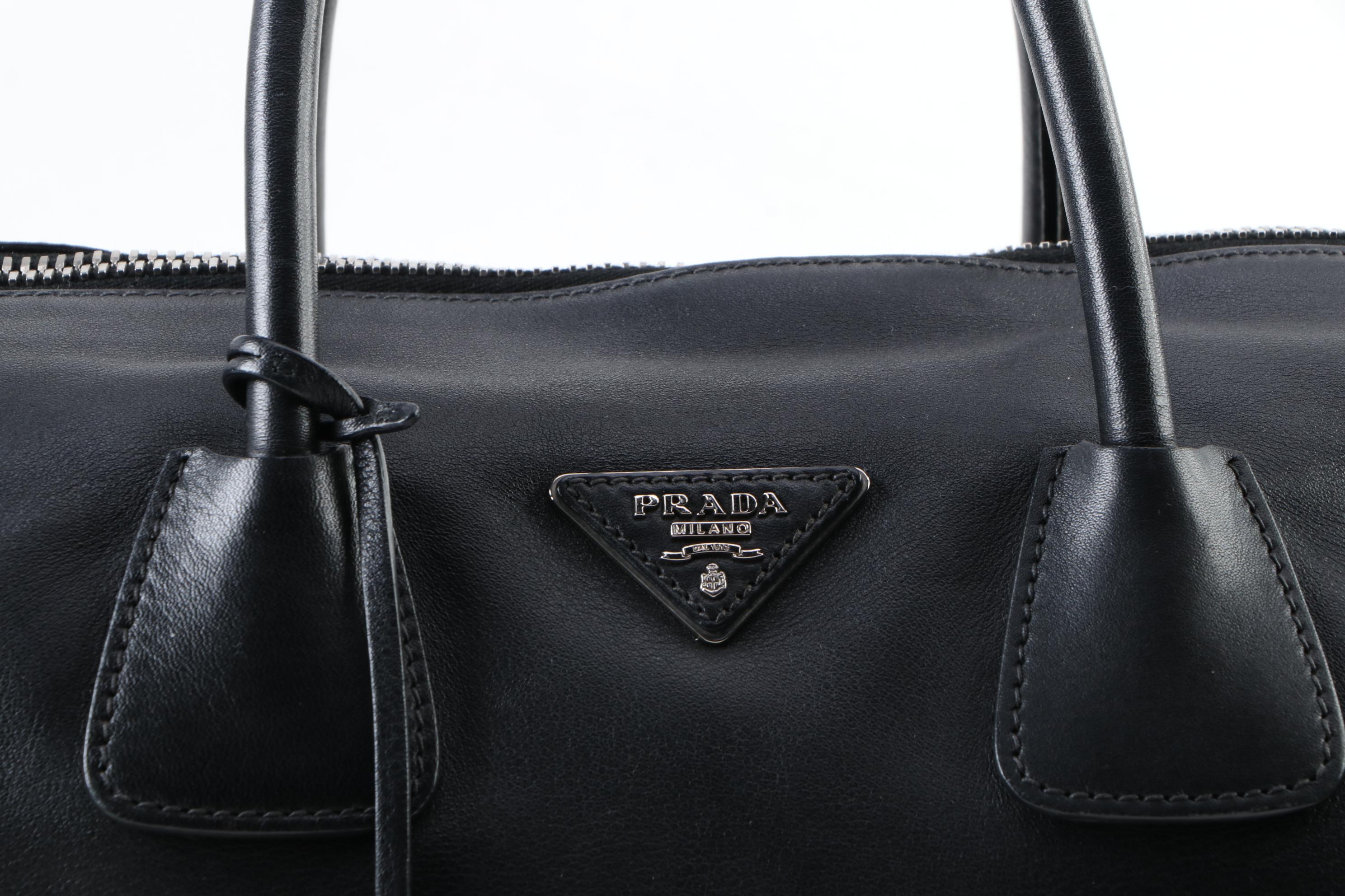 Prada Black Leather Two-Way Duffel Handbag