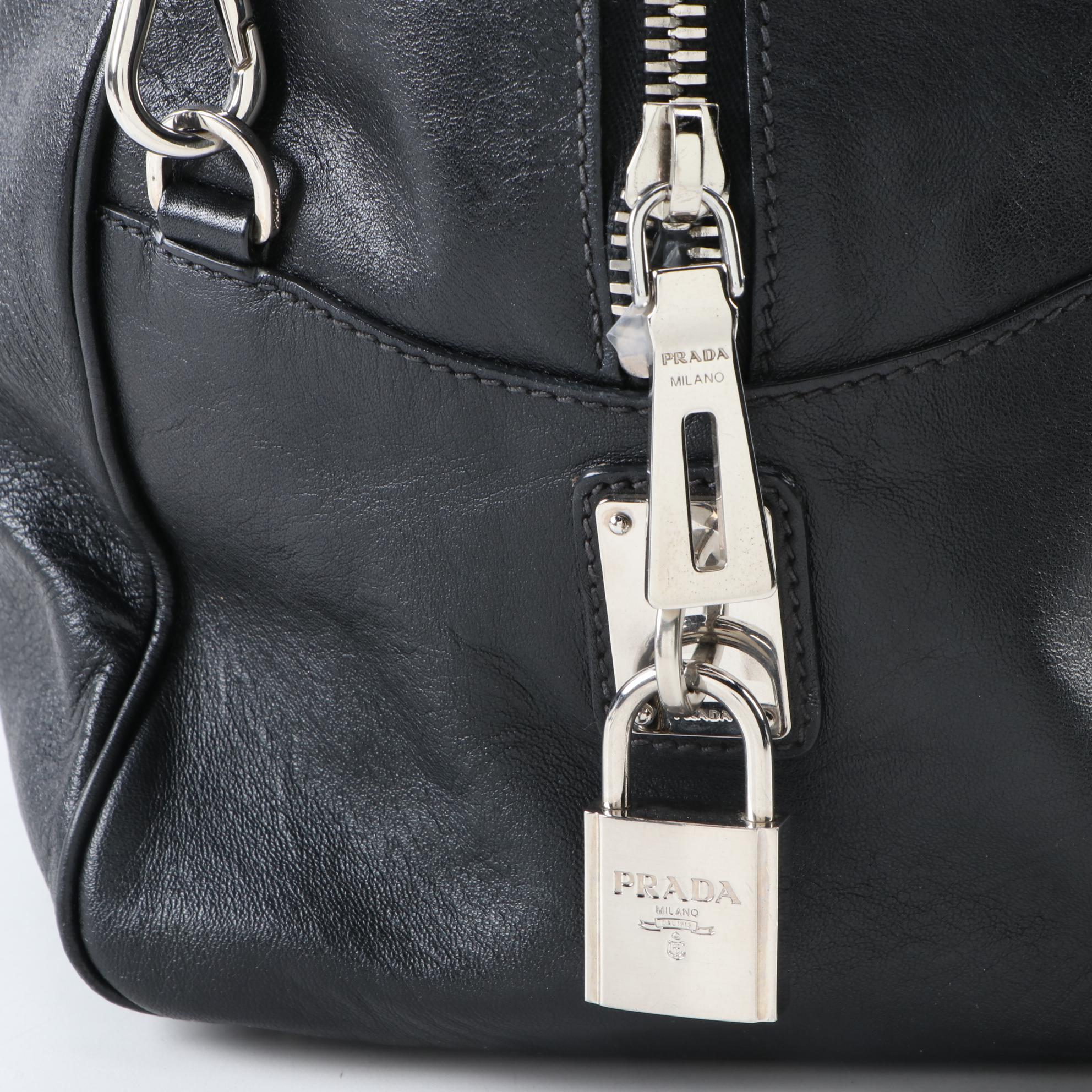 Prada Black Leather Two-Way Duffel Handbag