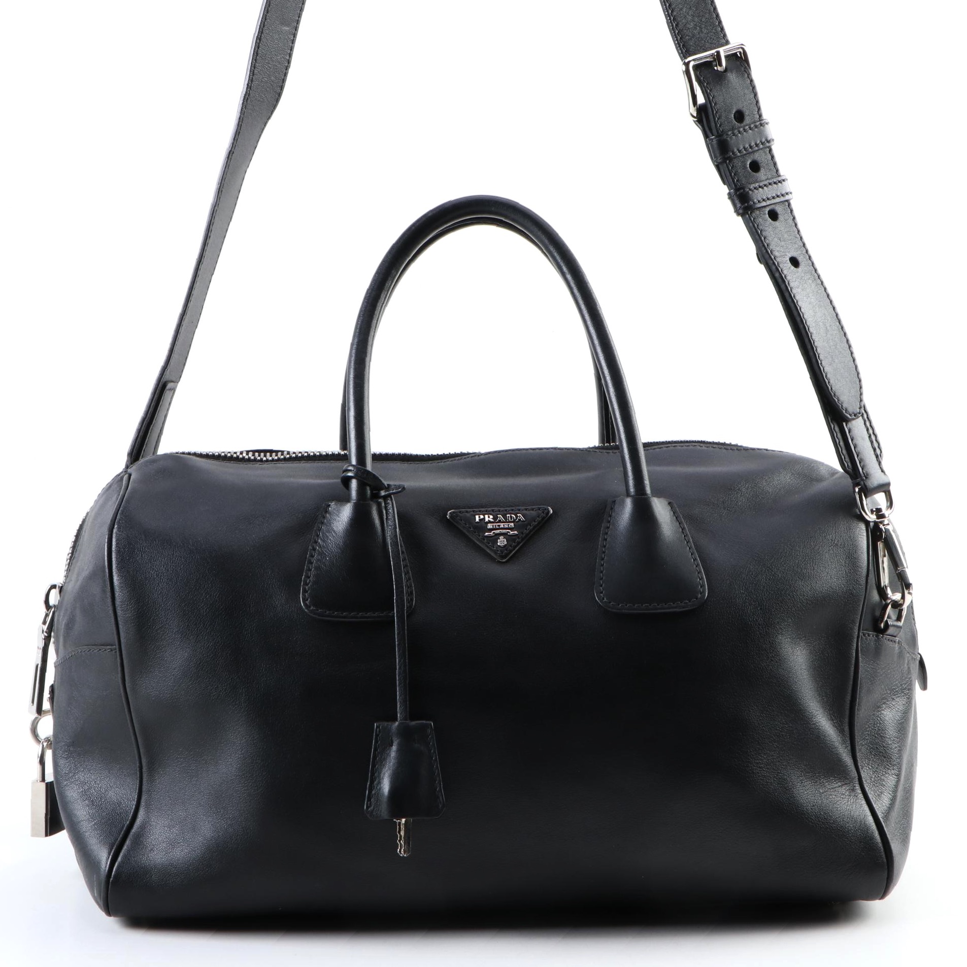 Prada Black Leather Two-Way Duffel Handbag