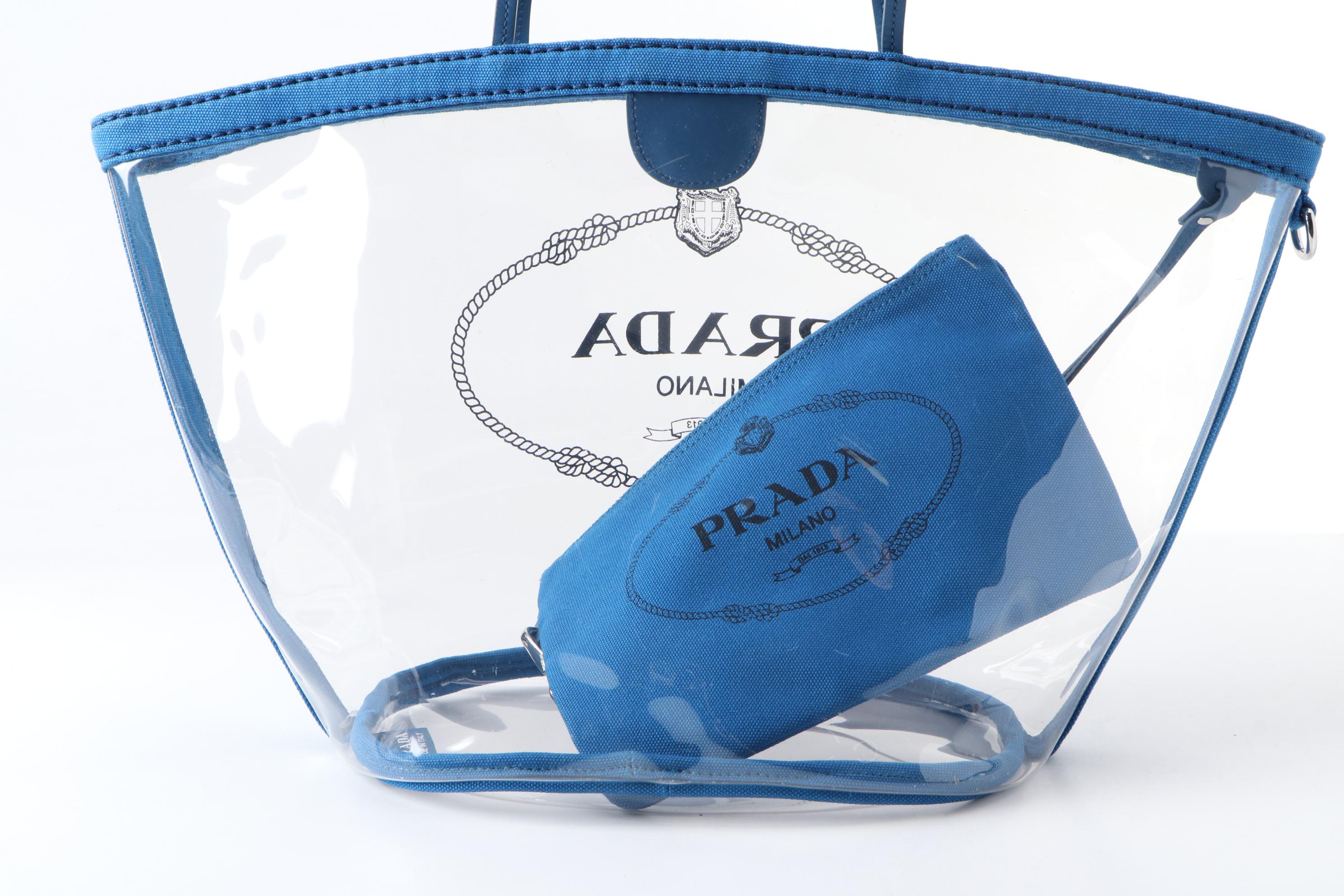 Prada Logo PVC Shopper Tote with Blue Trim