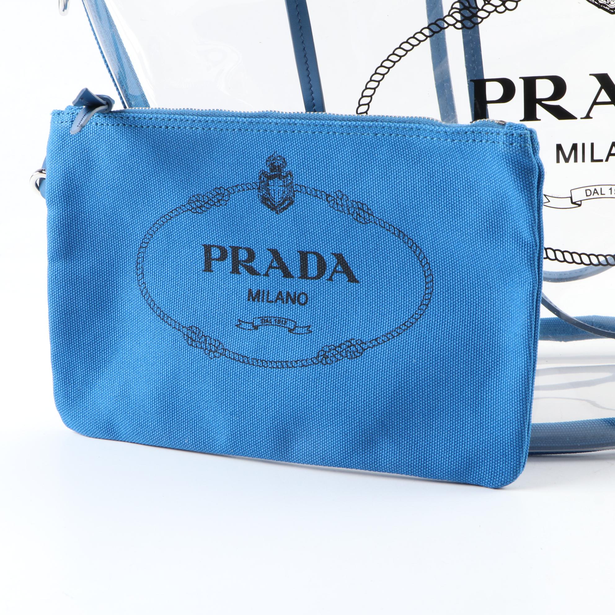 Prada Logo PVC Shopper Tote with Blue Trim