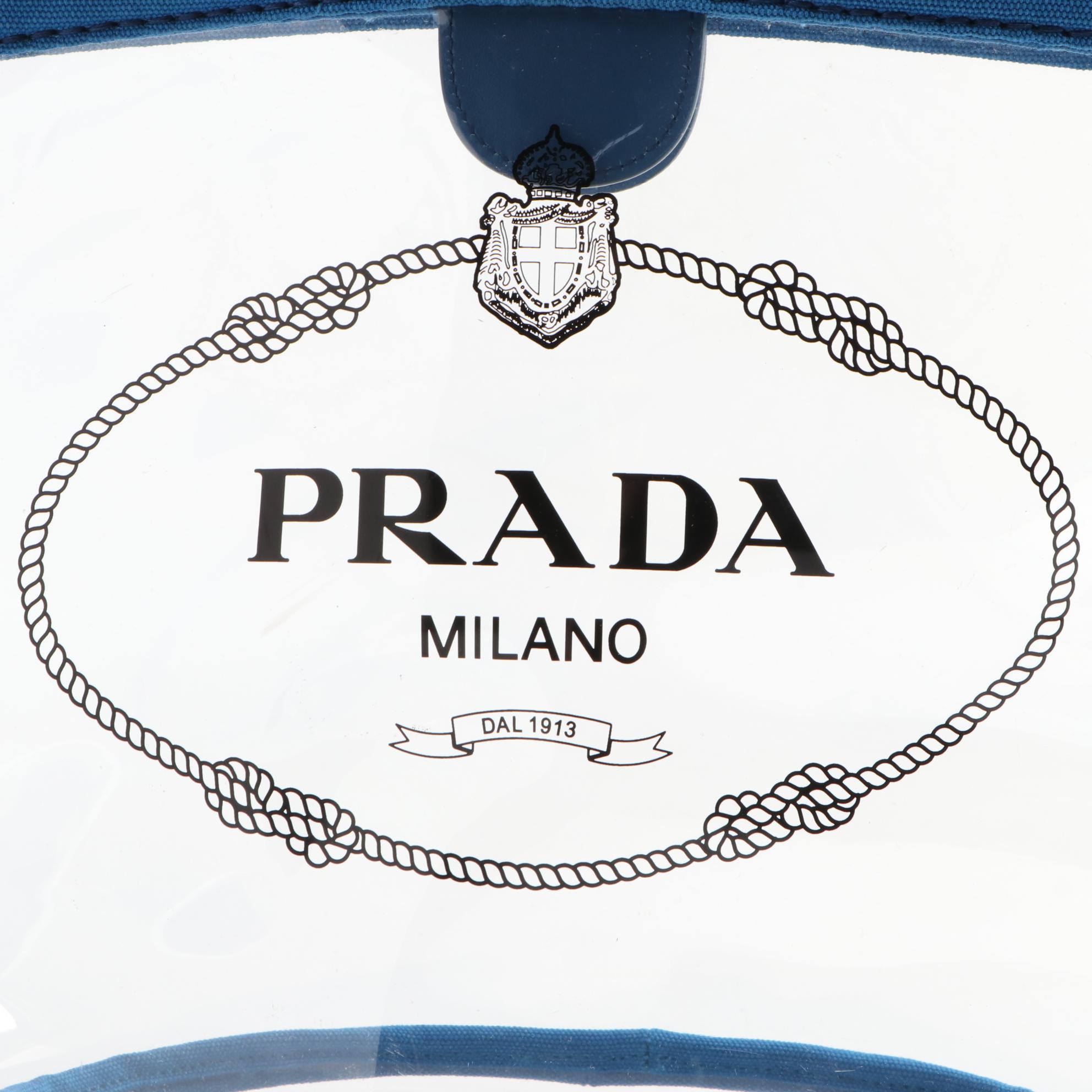 Prada Logo PVC Shopper Tote with Blue Trim
