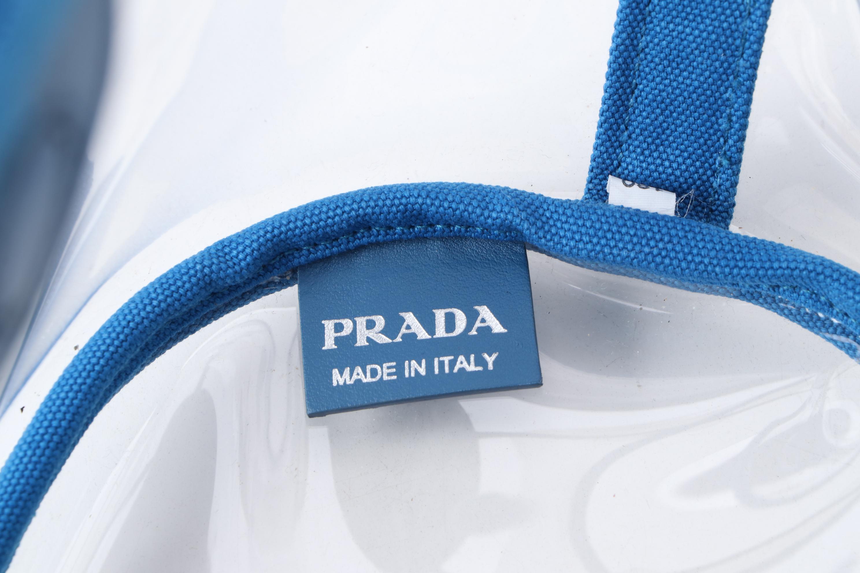 Prada Logo PVC Shopper Tote with Blue Trim