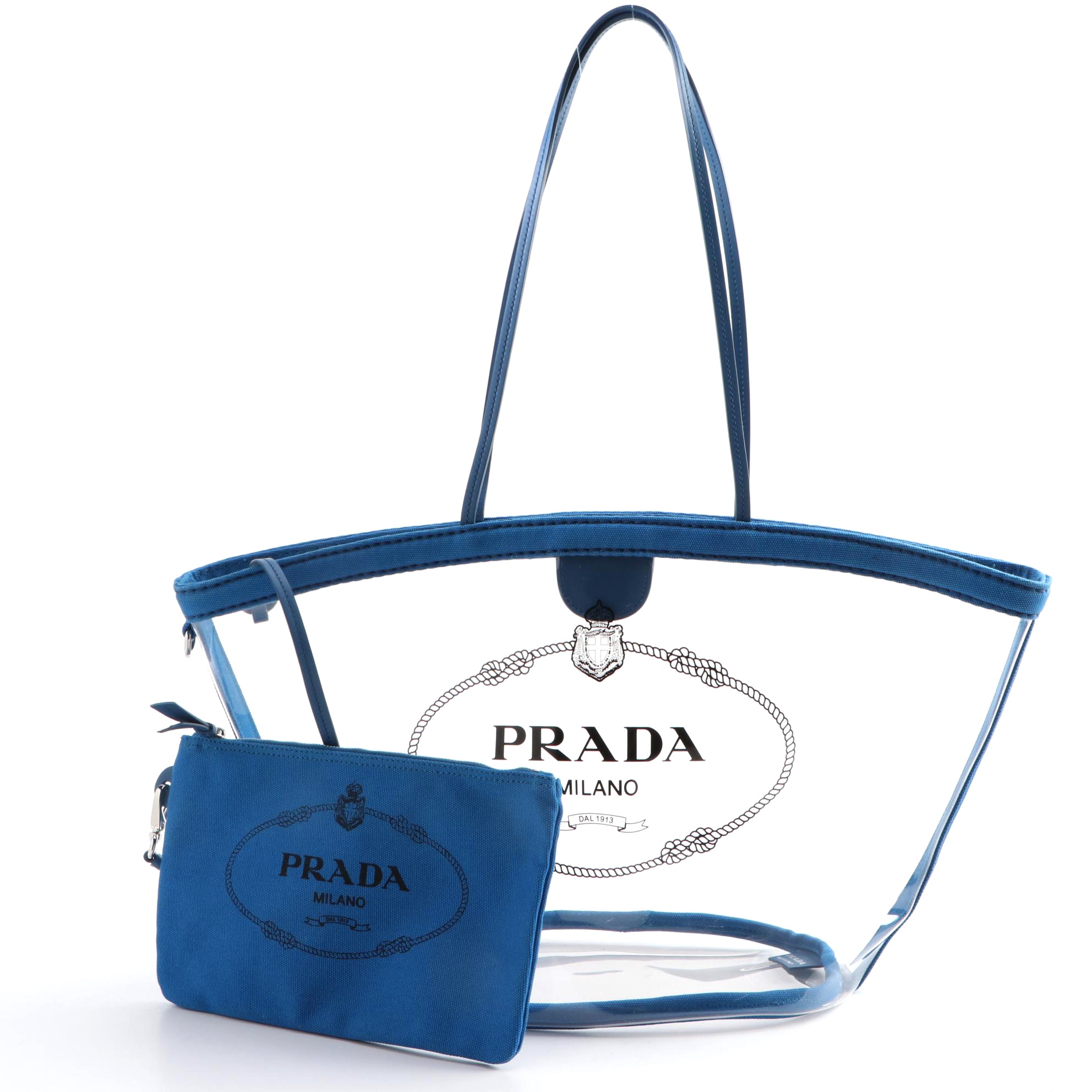 Prada Logo PVC Shopper Tote with Blue Trim