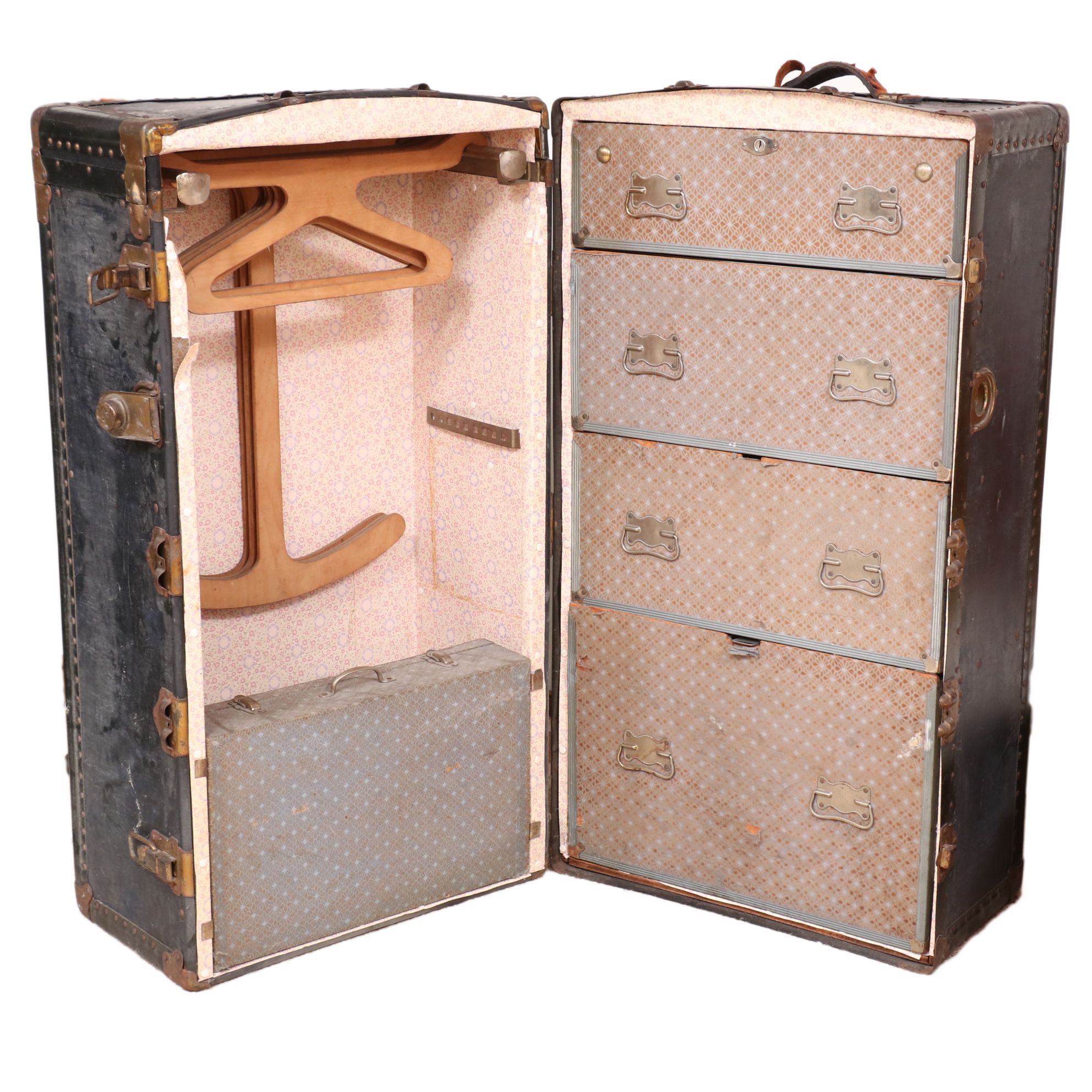 Upright Metal-Mounted Wood Steamer Trunk, Early 20th Century