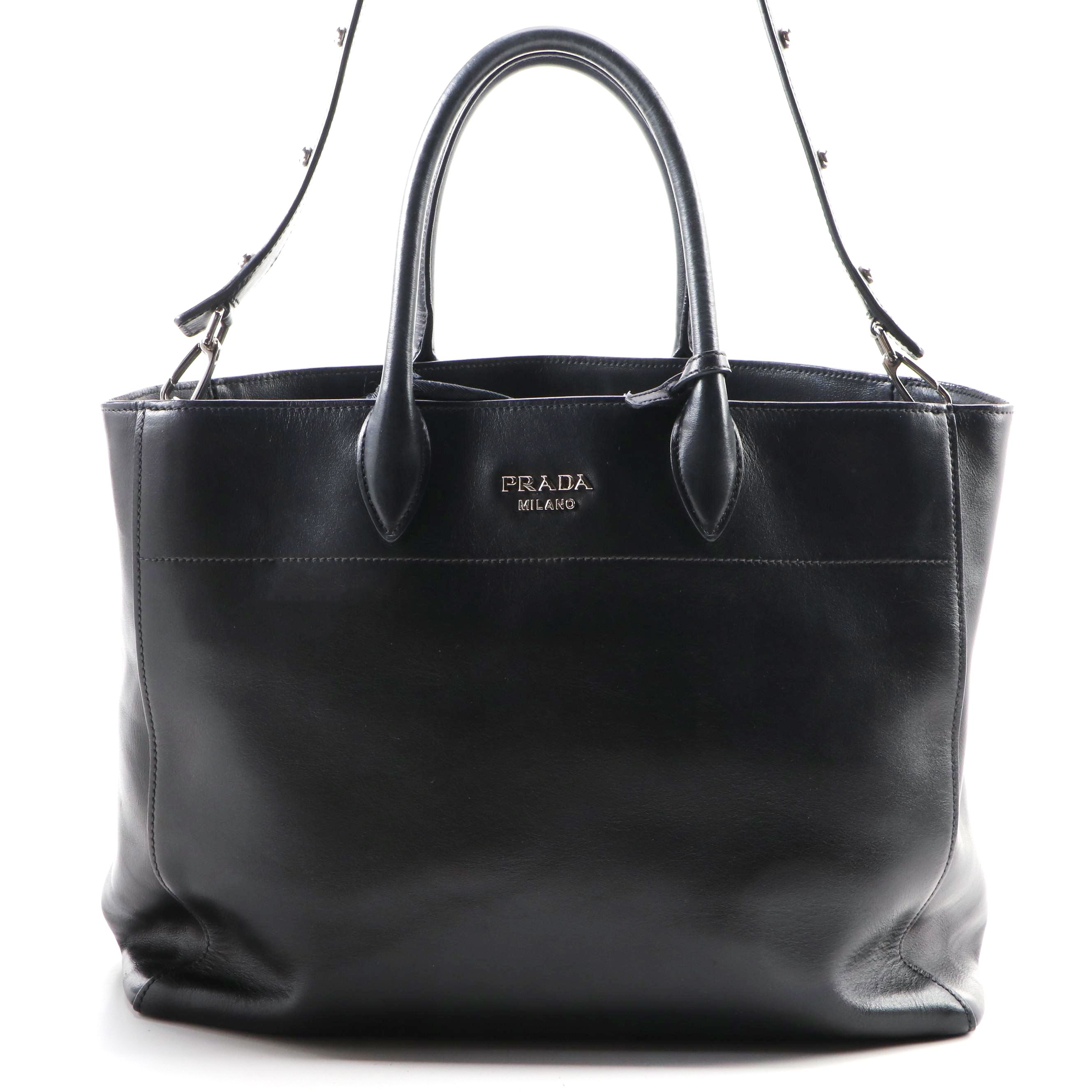 Prada Medium Convertible Open Tote City in Black Calfskin Leather