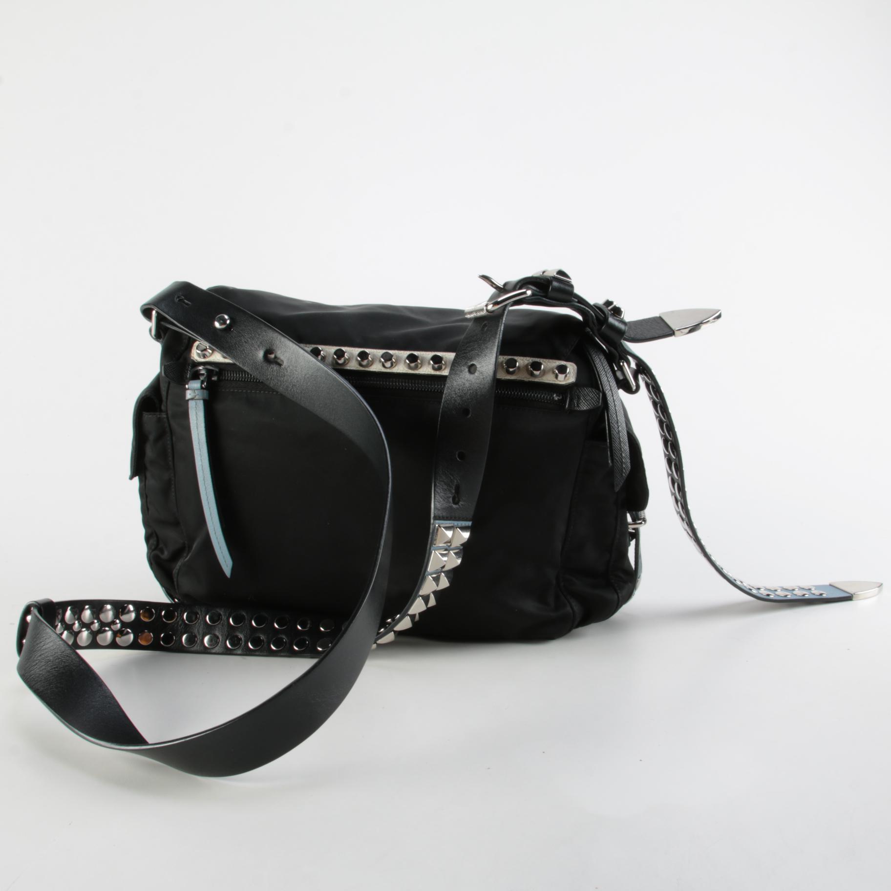 Prada Vela Flap Tessuto Nylon and Studded Leather Messenger Crossbody Bag