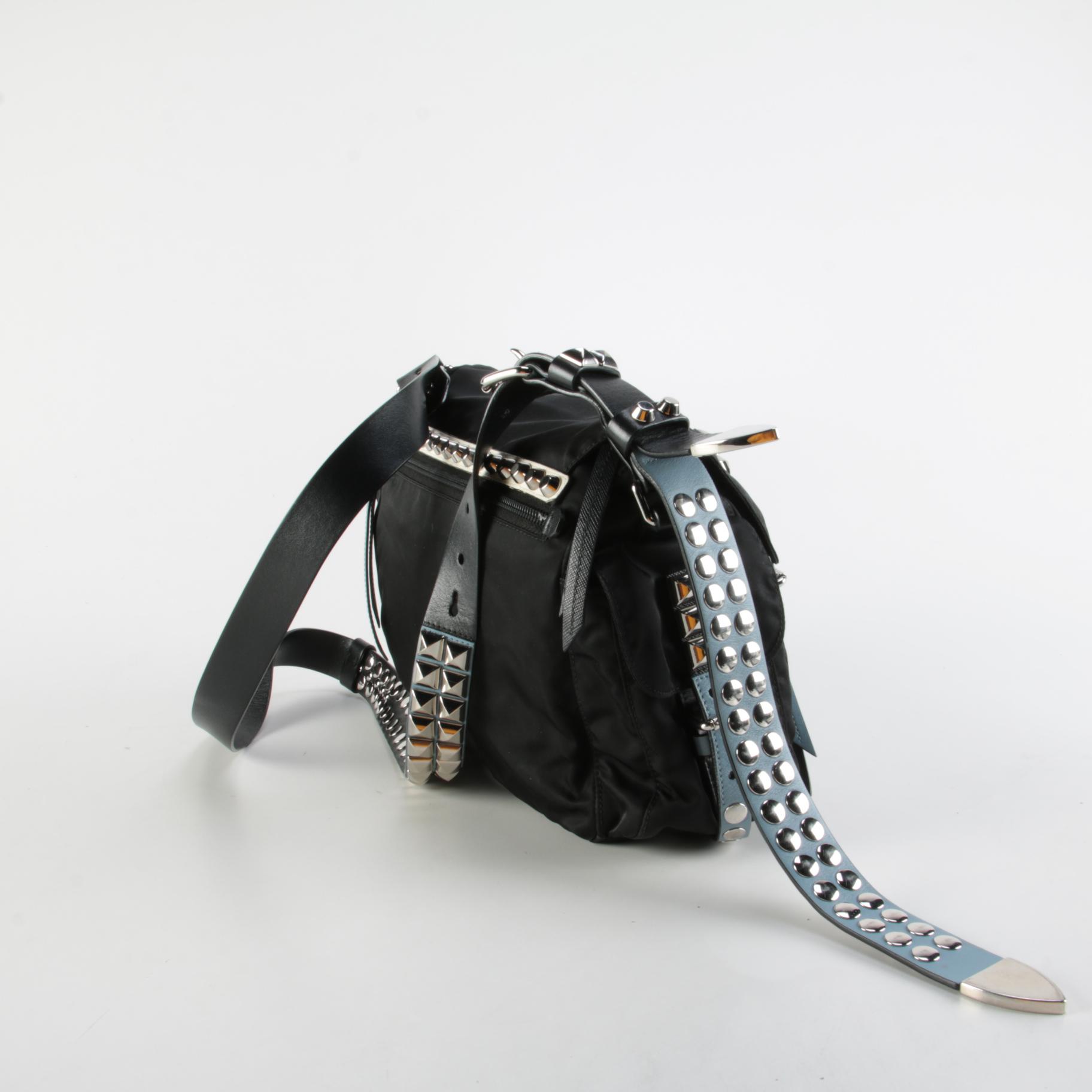 Prada Vela Flap Tessuto Nylon and Studded Leather Messenger Crossbody Bag