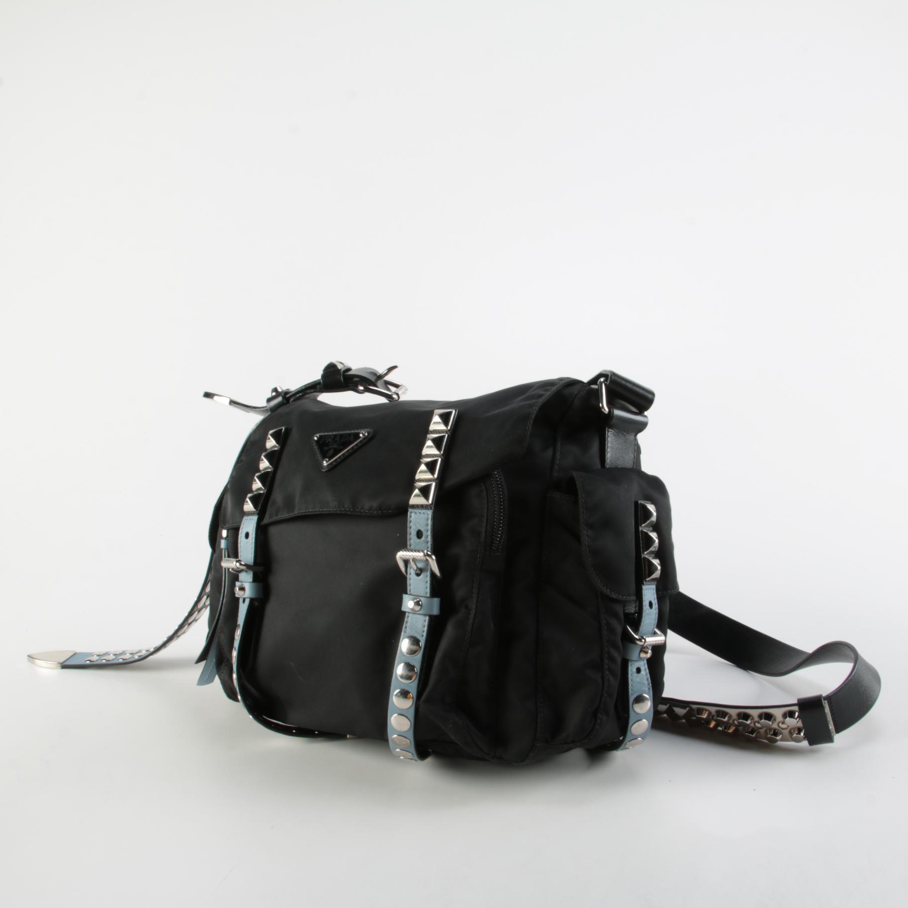 Prada Vela Flap Tessuto Nylon and Studded Leather Messenger Crossbody Bag