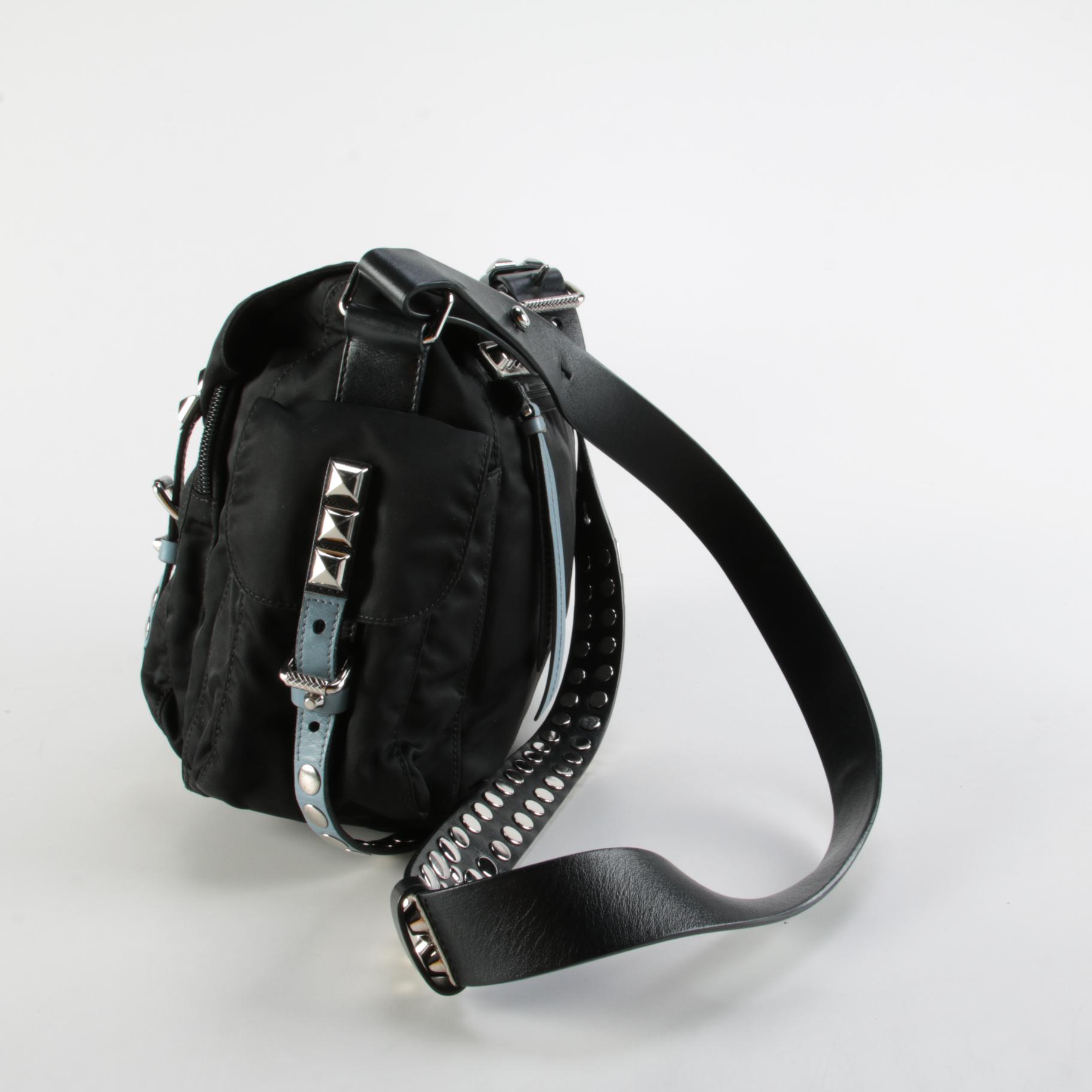 Prada Vela Flap Tessuto Nylon and Studded Leather Messenger Crossbody Bag