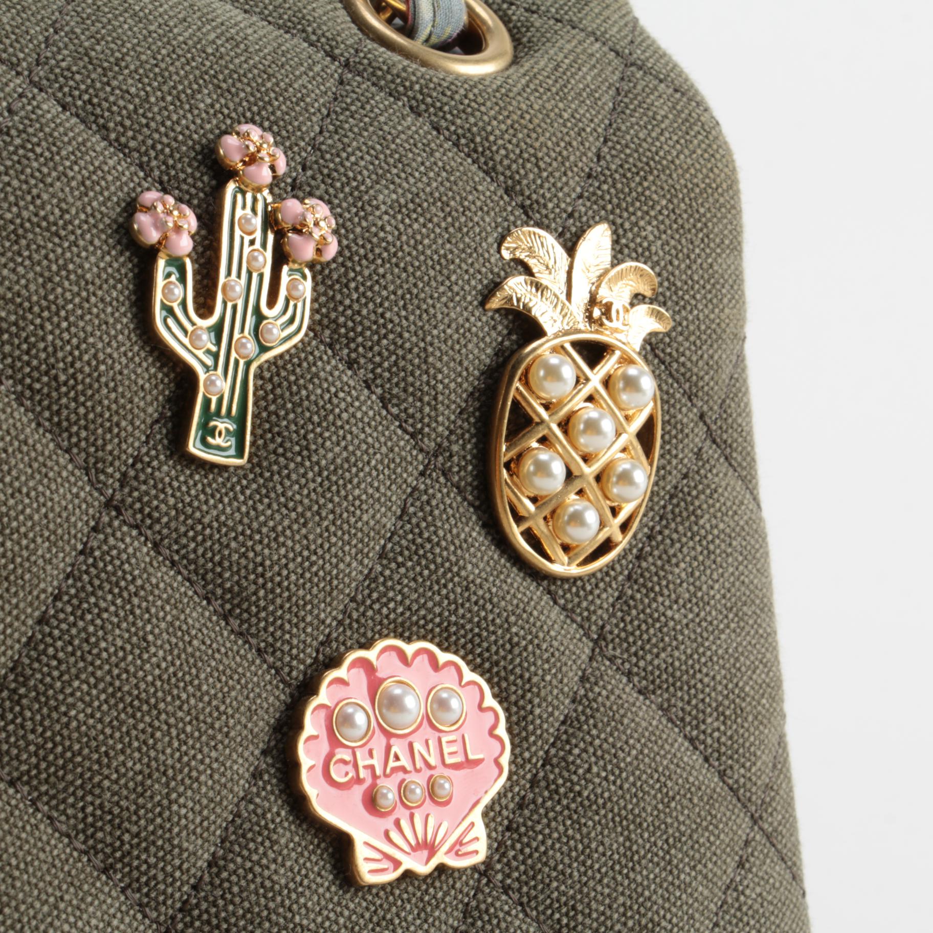 Chanel Cuba Charms Medium Double Flap Bag in Khaki Quilted Canvas