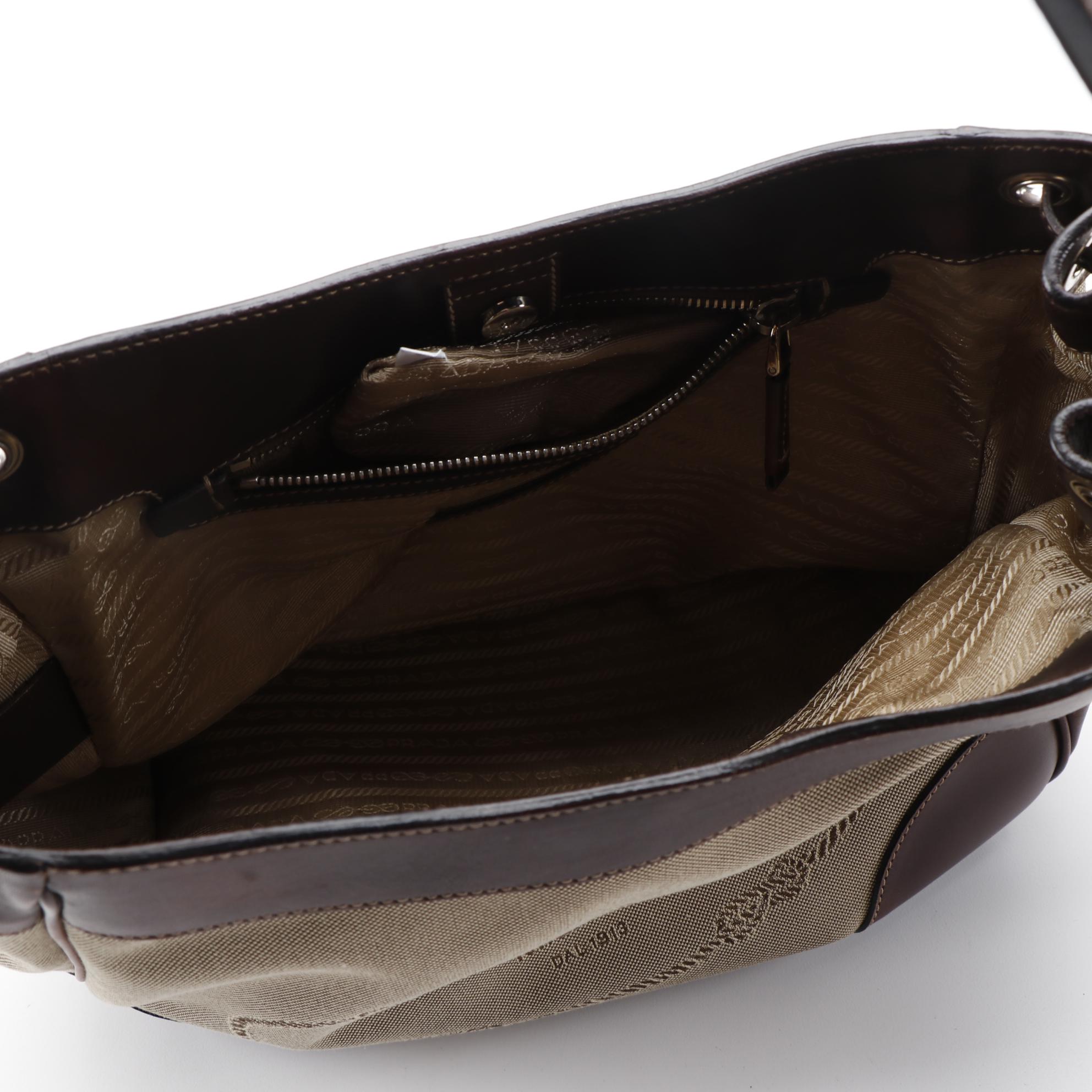 Prada Logo Jacquard Canvas Shoulder Bag with Brown Leather Trim