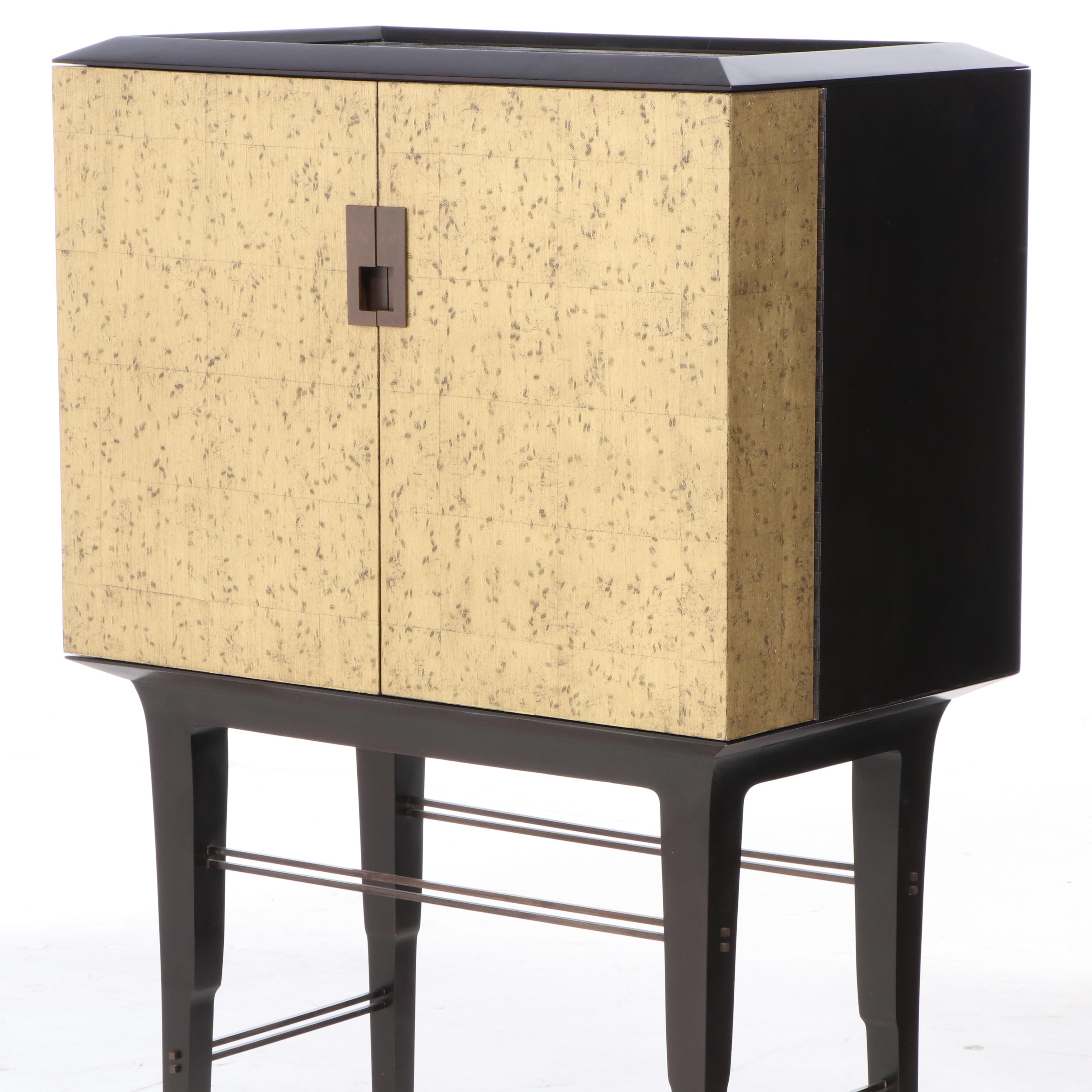 Bill Sofield for Baker "Kiosk" Bar Cabinet with Mirrored Top and Gold Rice Doors