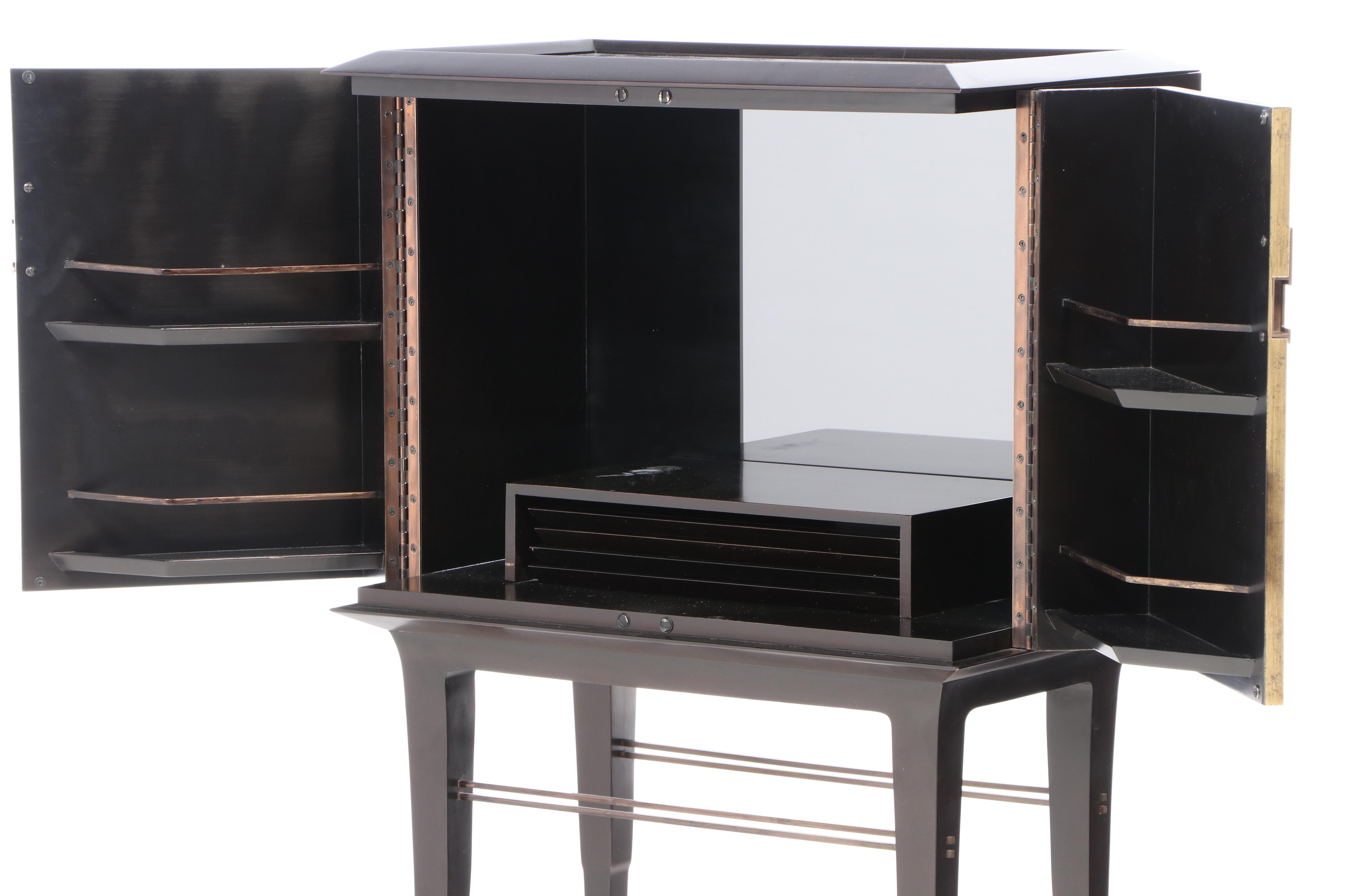 Bill Sofield for Baker "Kiosk" Bar Cabinet with Mirrored Top and Gold Rice Doors
