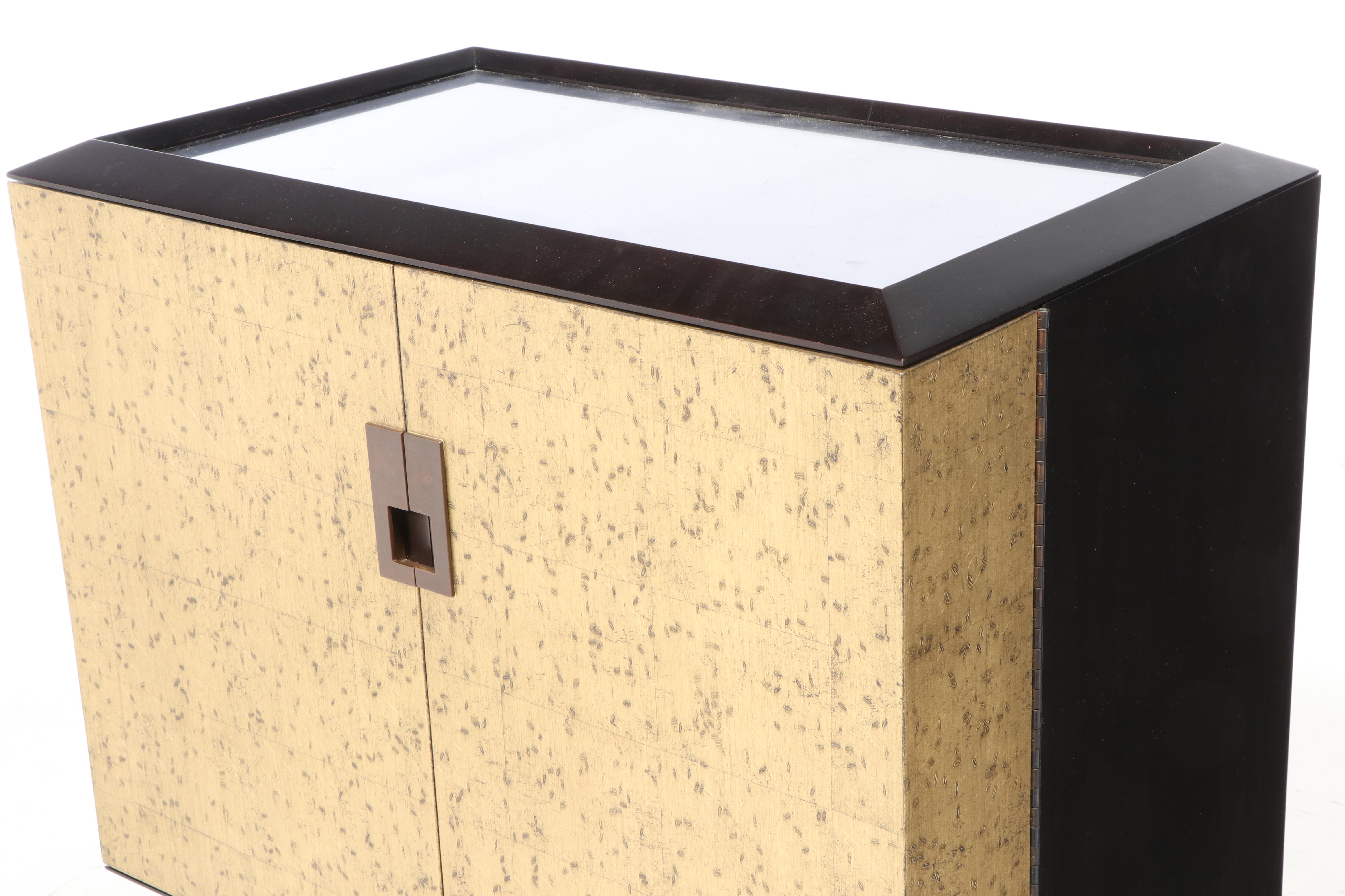 Bill Sofield for Baker "Kiosk" Bar Cabinet with Mirrored Top and Gold Rice Doors