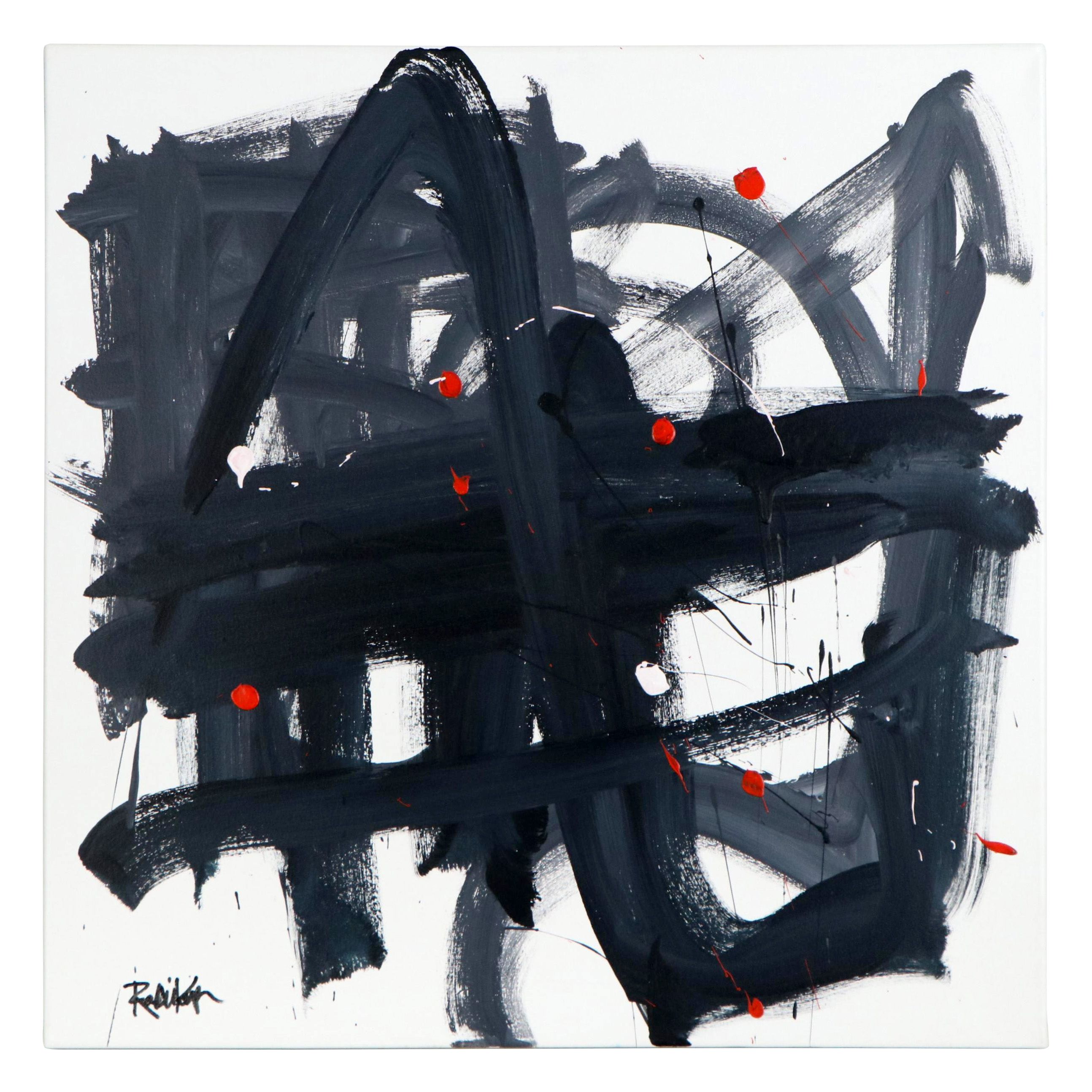 Robbie Kemper Abstract Acrylic Painting "Gray Moving Orange Dots," 21st Century