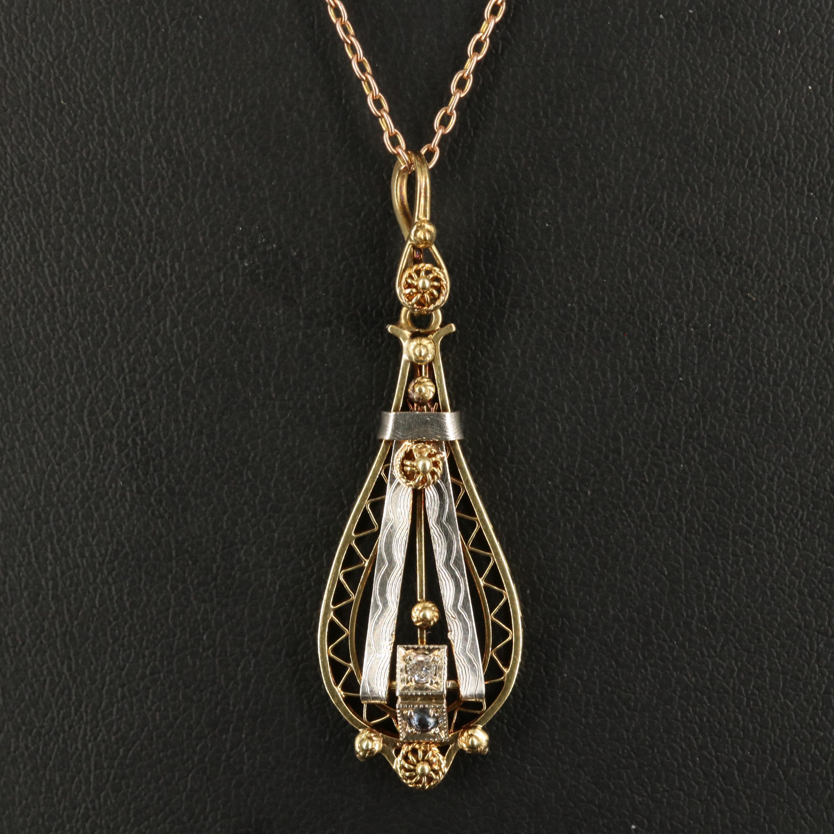 Antique Etruscan Revival 14K Lavalier Necklace with Platinum Accents