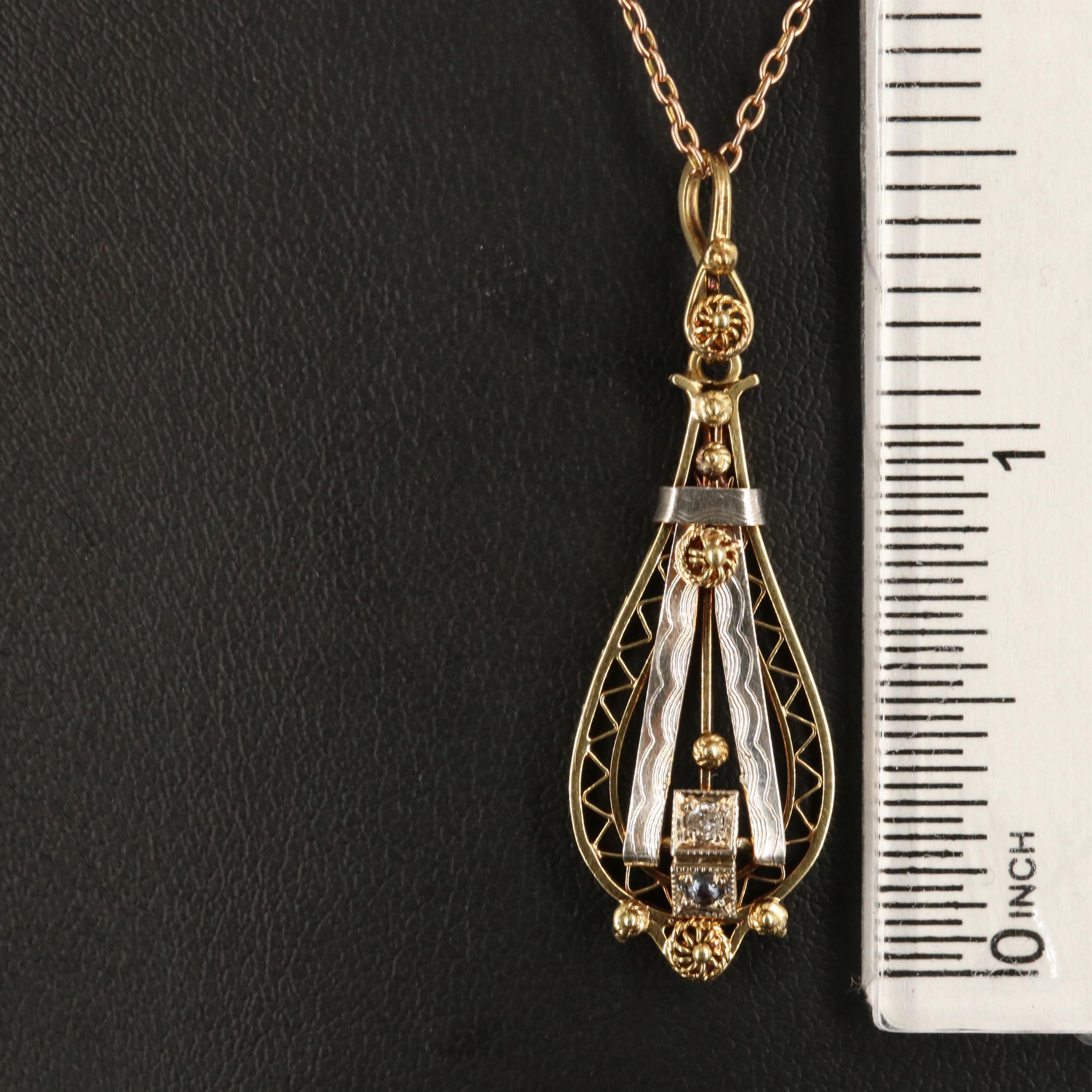 Antique Etruscan Revival 14K Lavalier Necklace with Platinum Accents