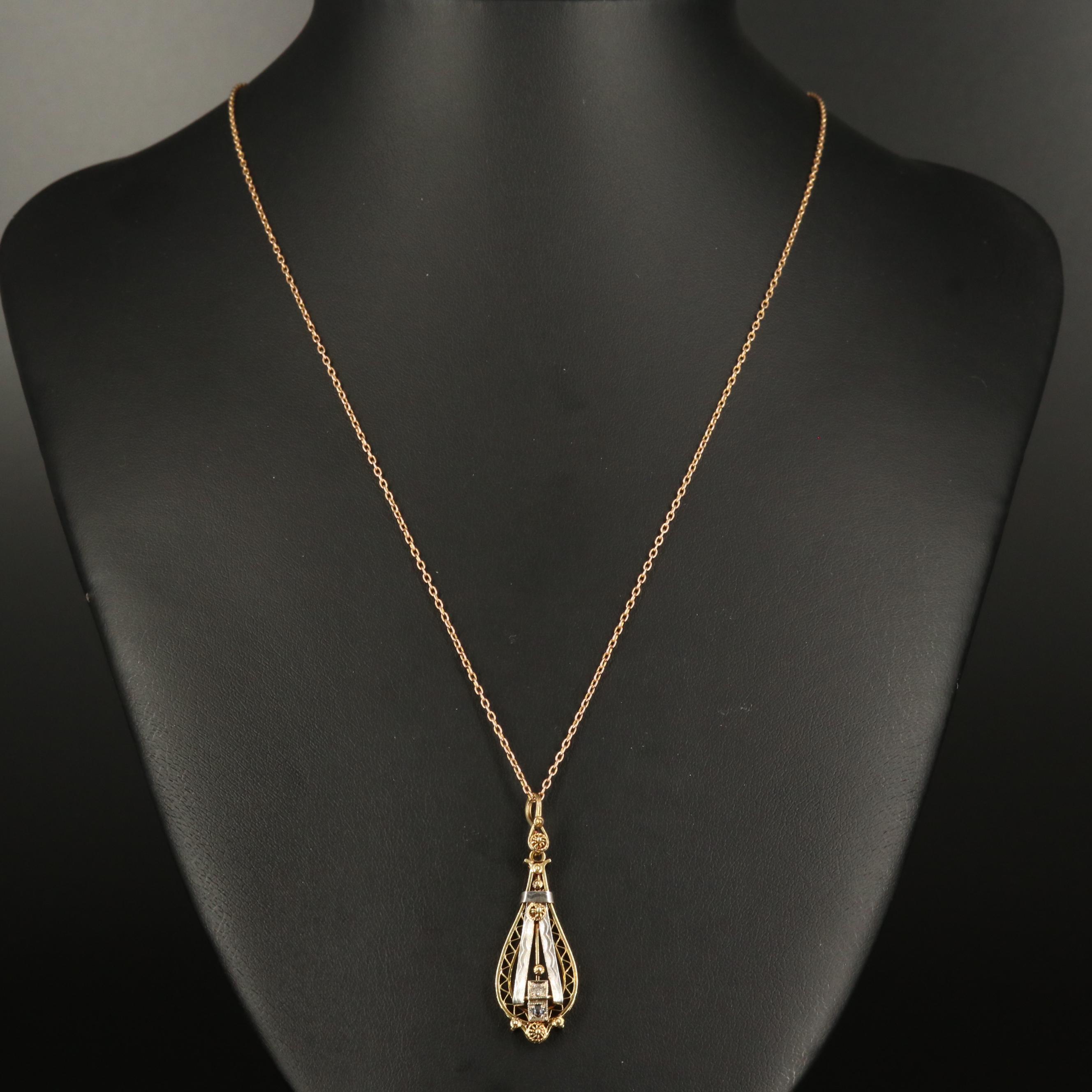 Antique Etruscan Revival 14K Lavalier Necklace with Platinum Accents