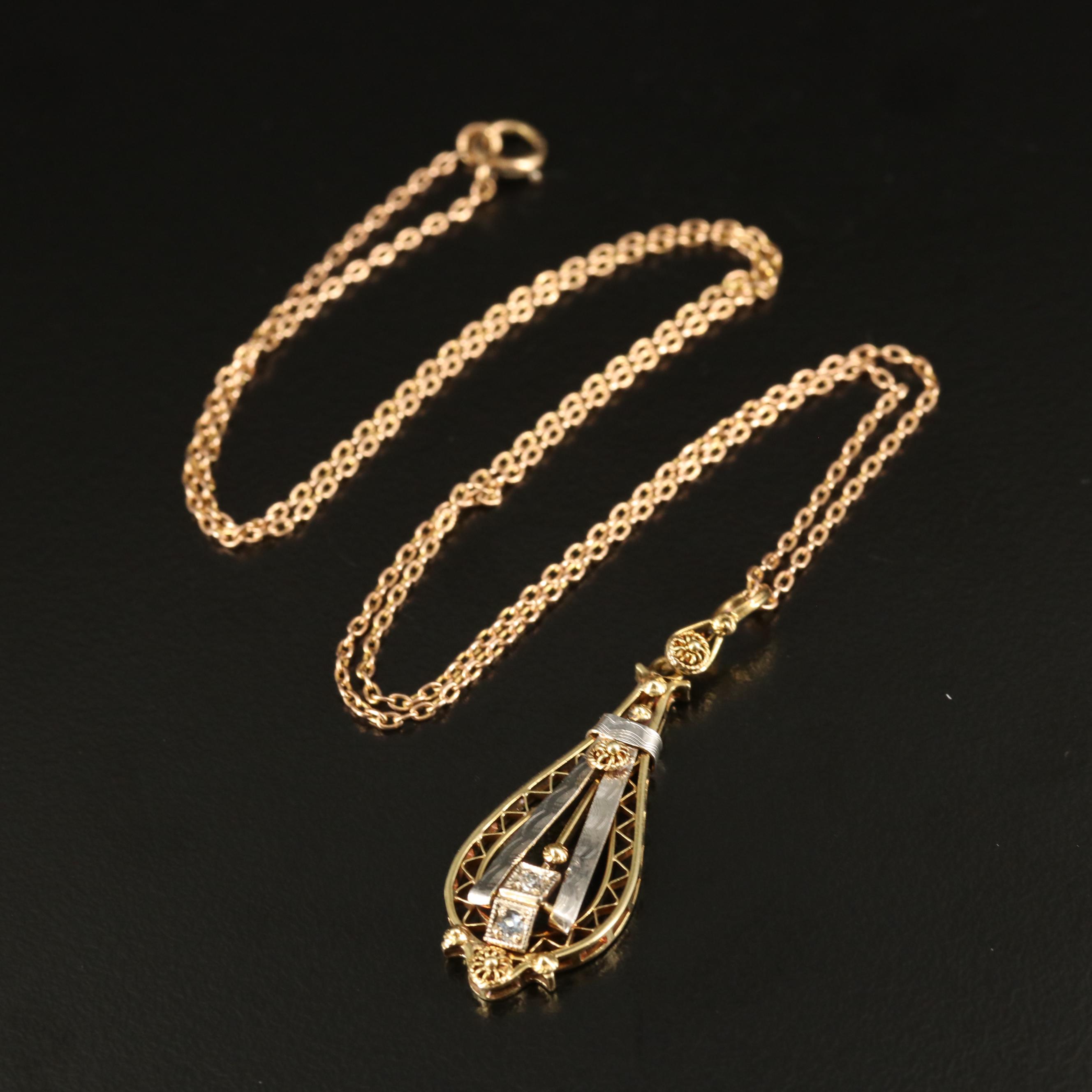 Antique Etruscan Revival 14K Lavalier Necklace with Platinum Accents