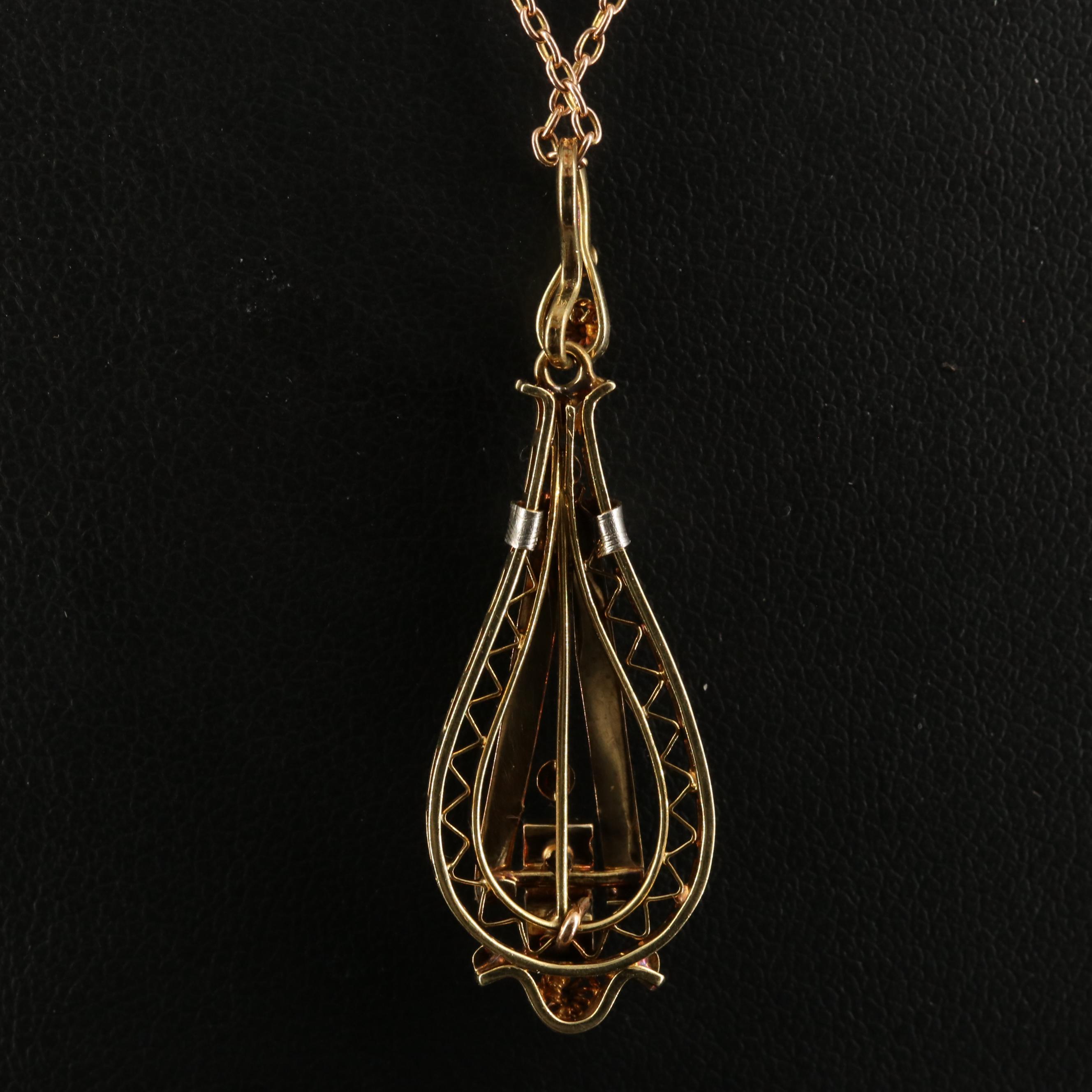 Antique Etruscan Revival 14K Lavalier Necklace with Platinum Accents