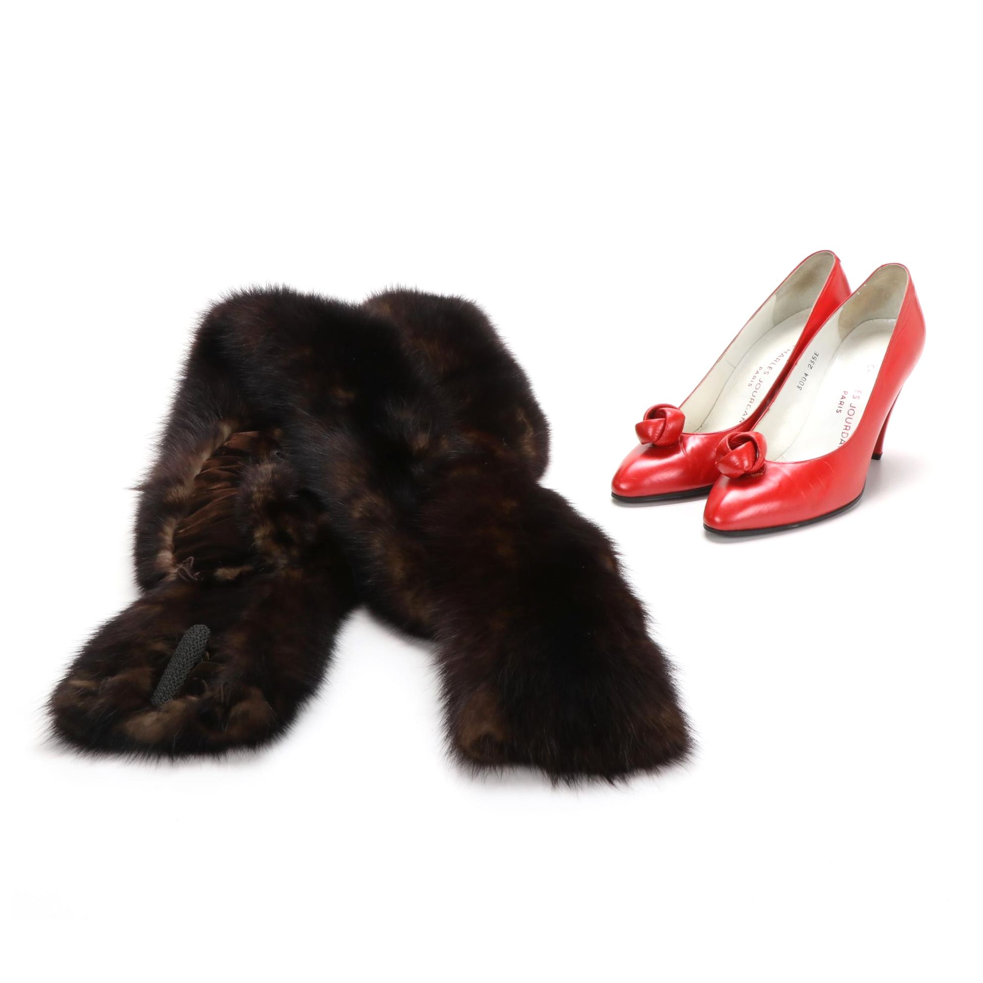 Fisher Fur Stole from Louis J. Schwartz and Charles Jourdan Red Leather Pumps