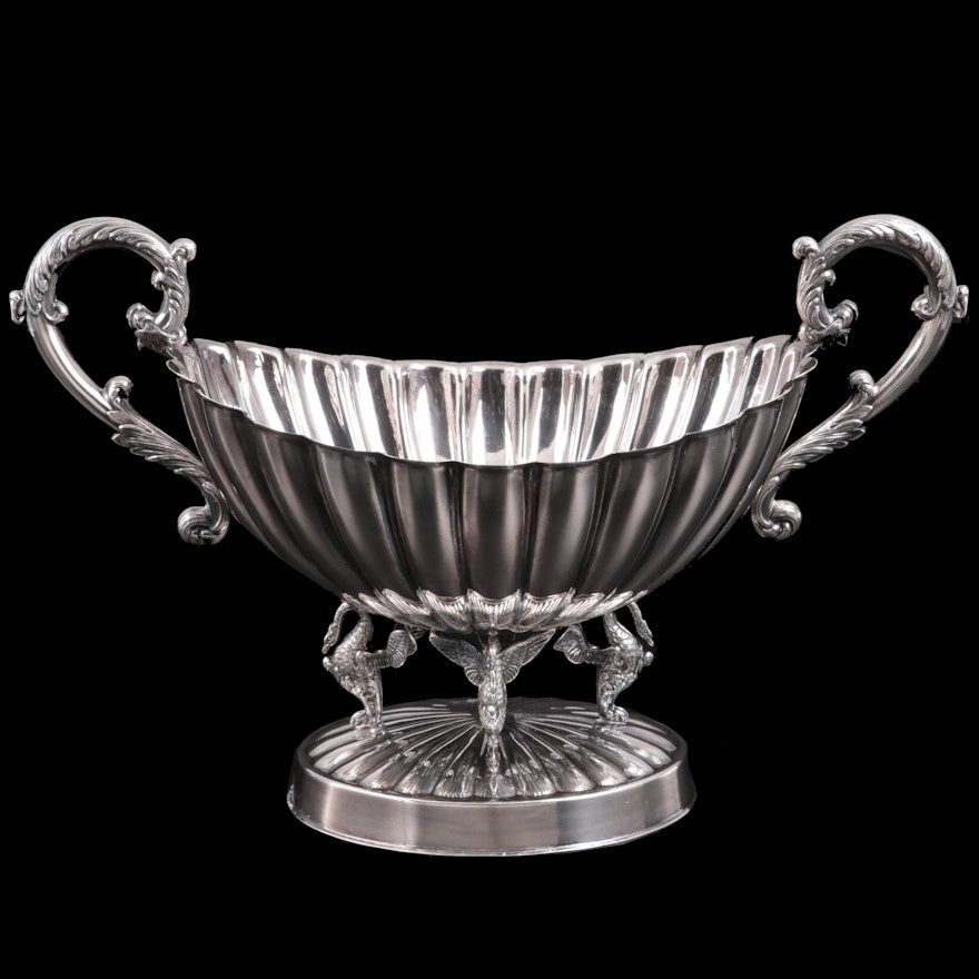 Montejo 915 Silver Baroque Style Centerpiece Bowl with Swan Base, 20th Century