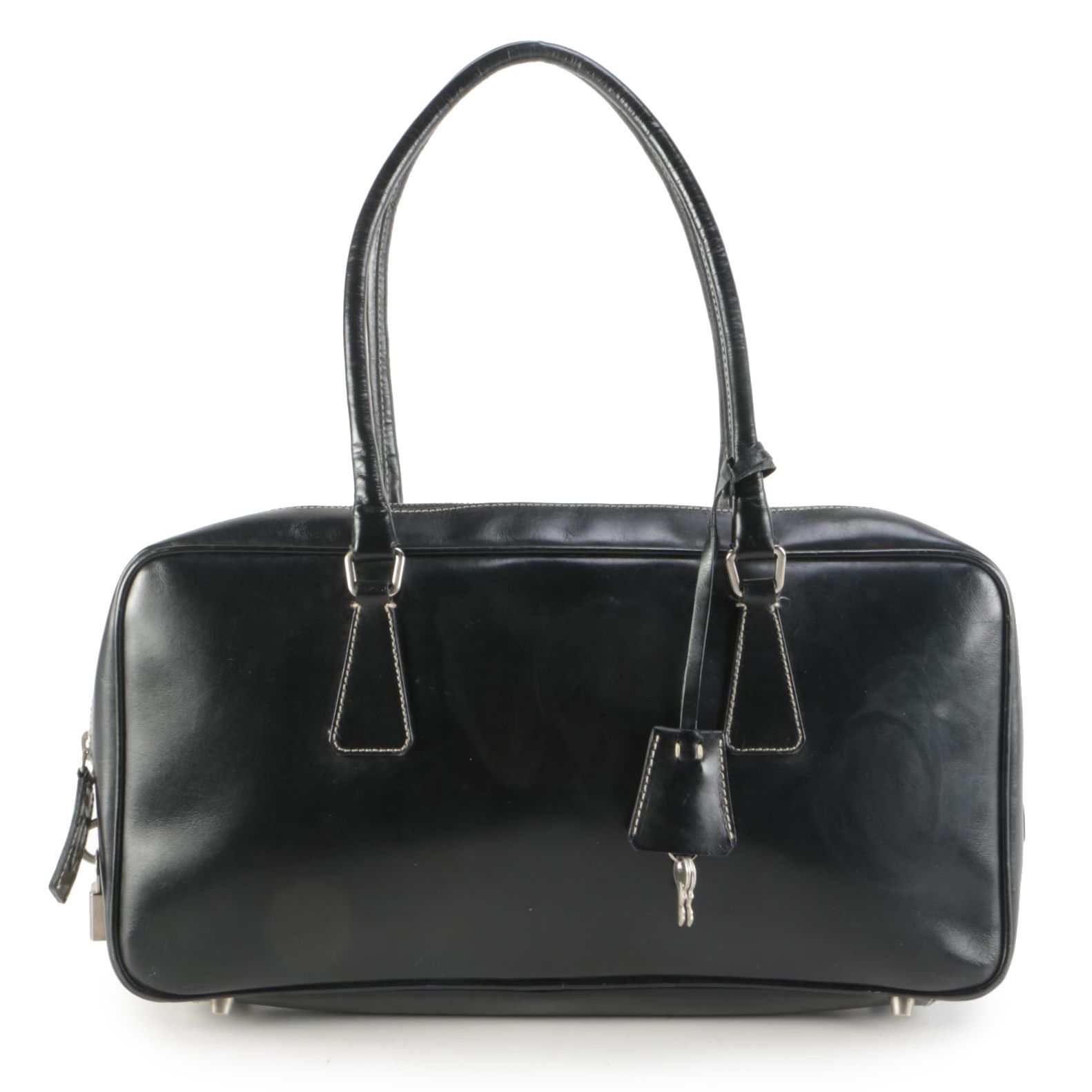 Prada Vitello Box Bauletto Bag in Black Leather with Contrast Stitching