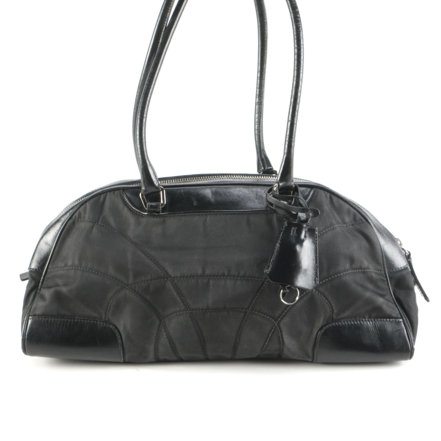 Prada Tessuto Stitch Bowling Bag in Black Nylon and Leather
