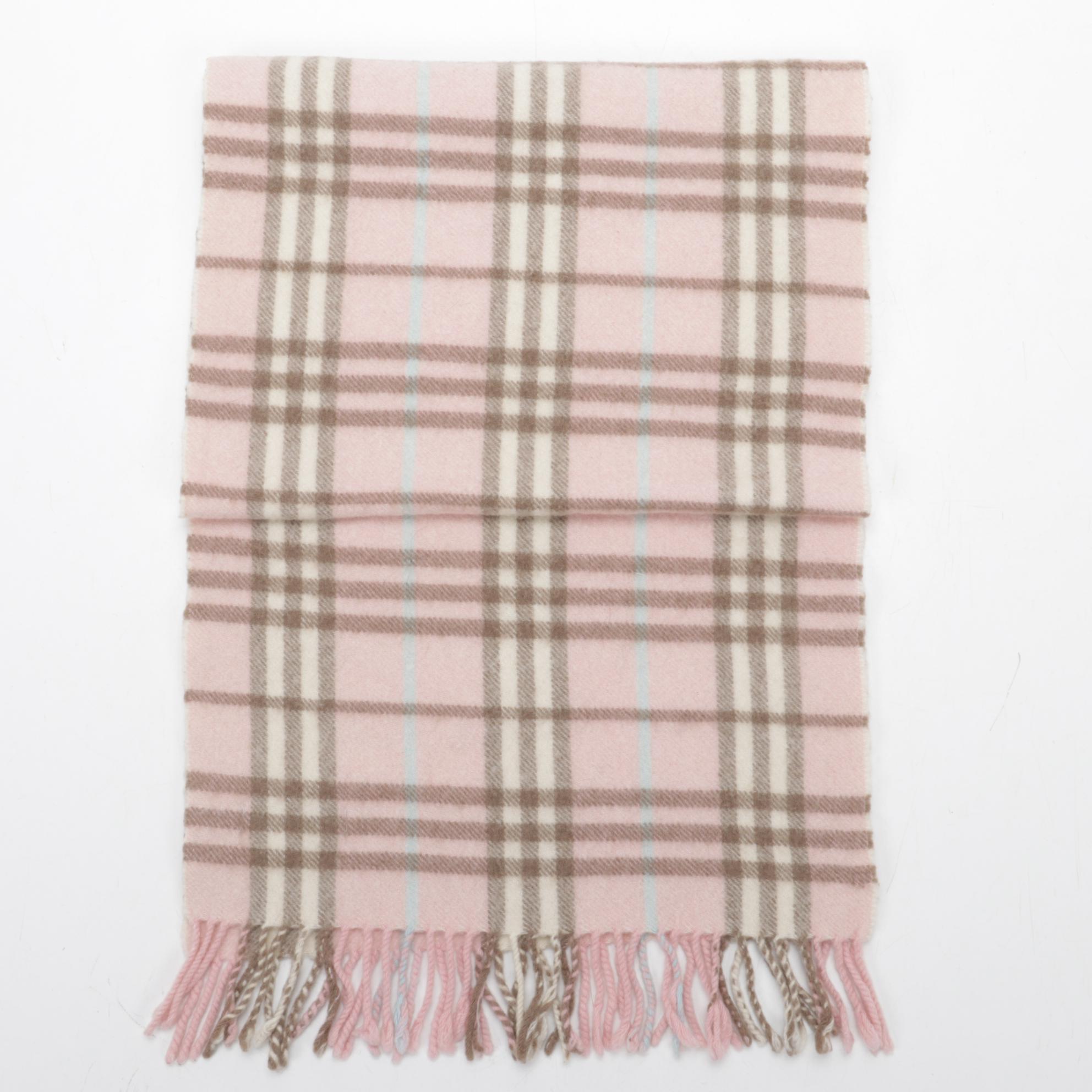 Burberry London Pink "Nova Check" Cashmere Fringed Scarf