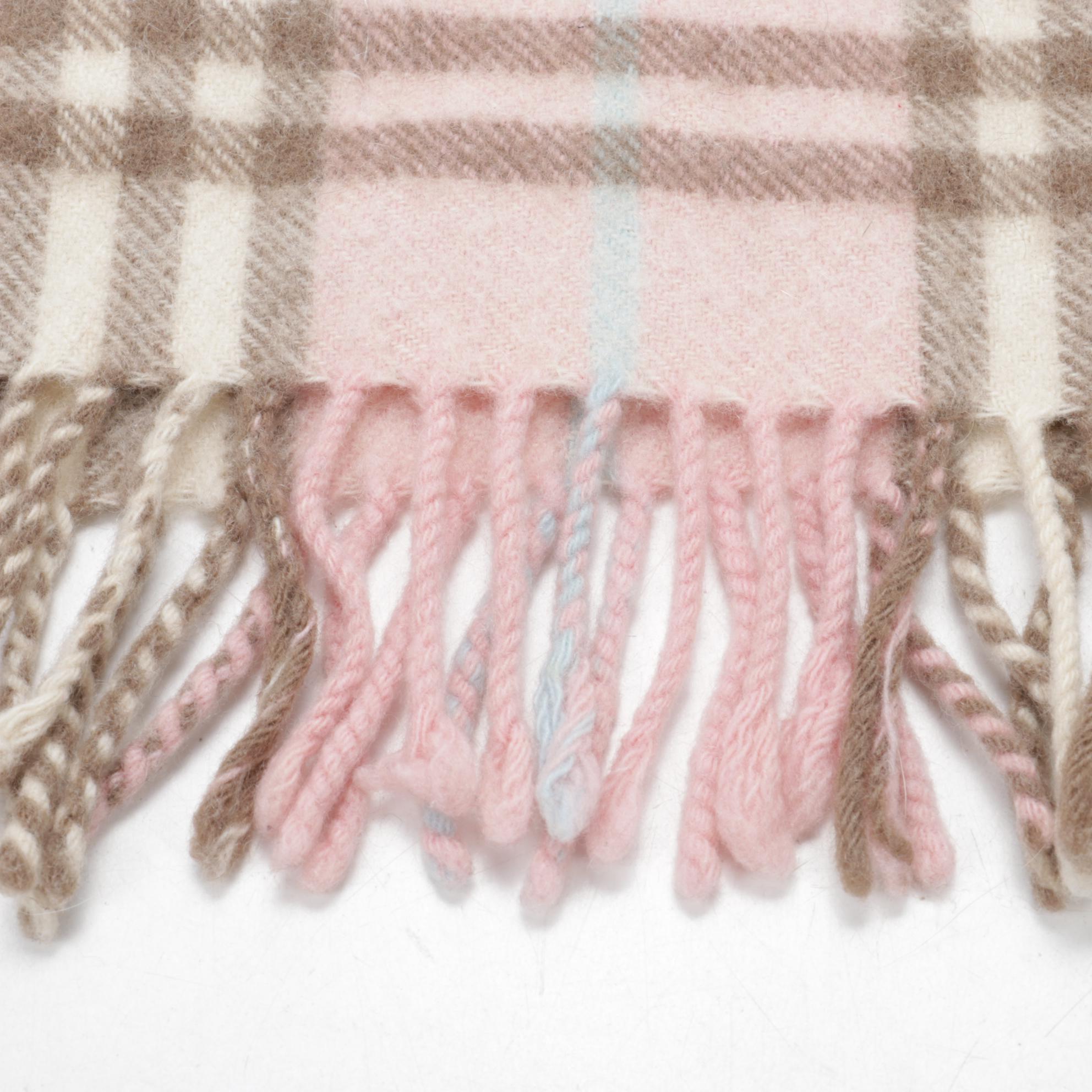 Burberry London Pink "Nova Check" Cashmere Fringed Scarf
