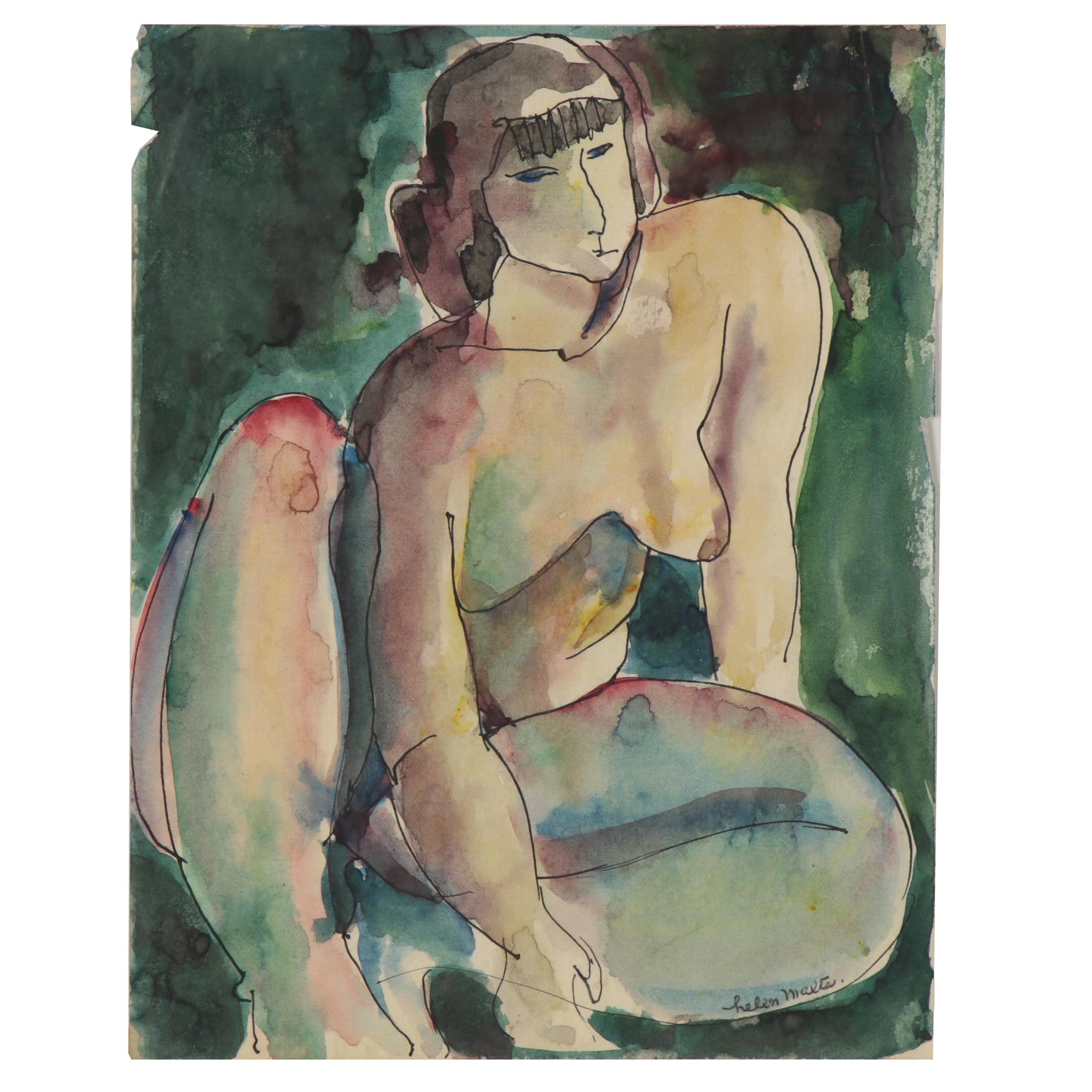 Helen Malta Modernist Watercolor Painting of Female Nude, 20th Century