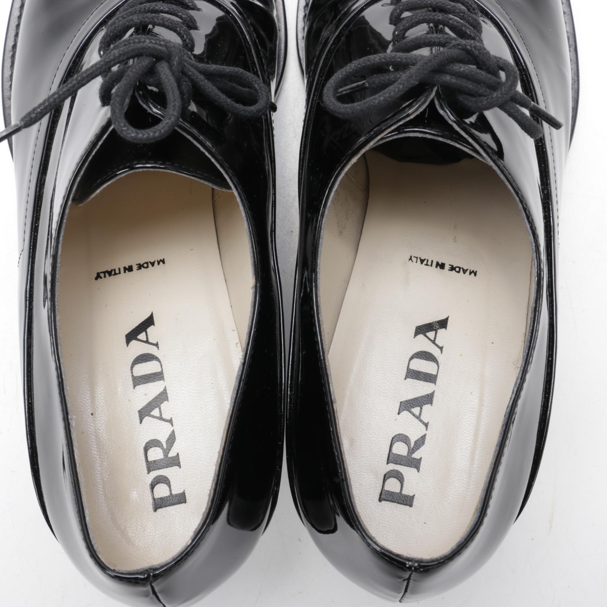 Prada Low Heeled Loafers in Black Patent Leather