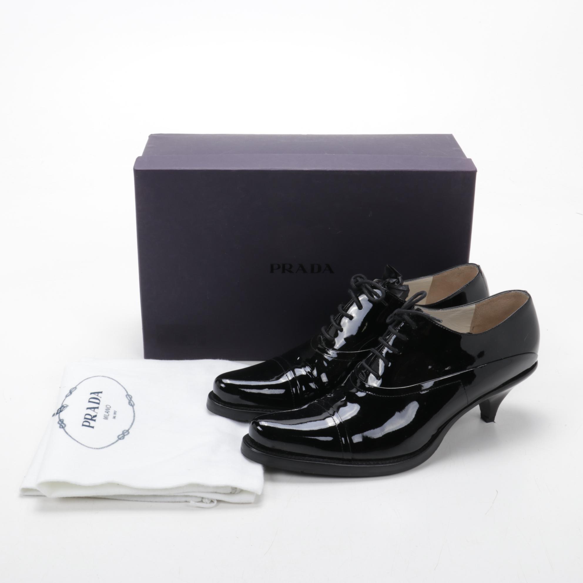 Prada Low Heeled Loafers in Black Patent Leather