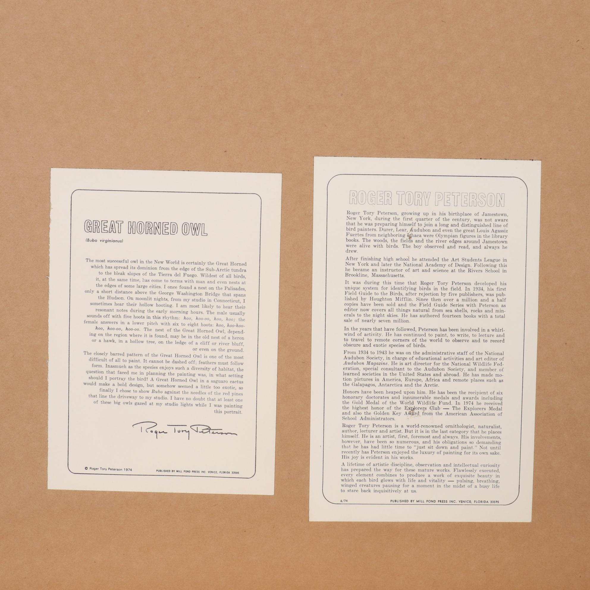 Roger Tory Peterson Offset Lithograph "Great Horned Owl," Late 20th Century