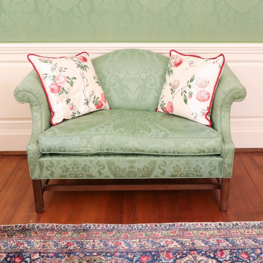 Camel-Back Loveseat in Sage Green Damask Upholstery, 20th Century