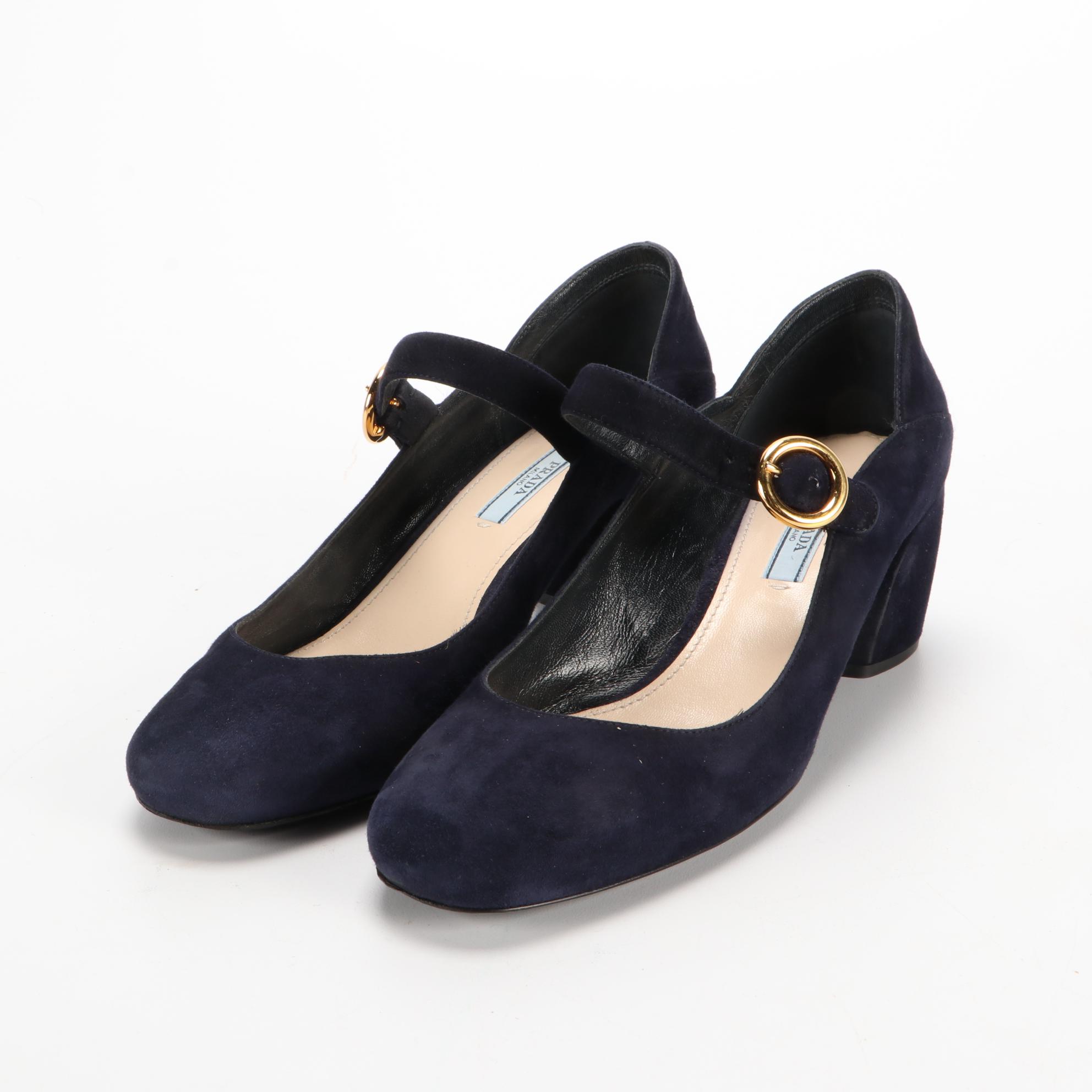 Prada Calzature Donna Navy Blue Suede Mary Jane Pumps