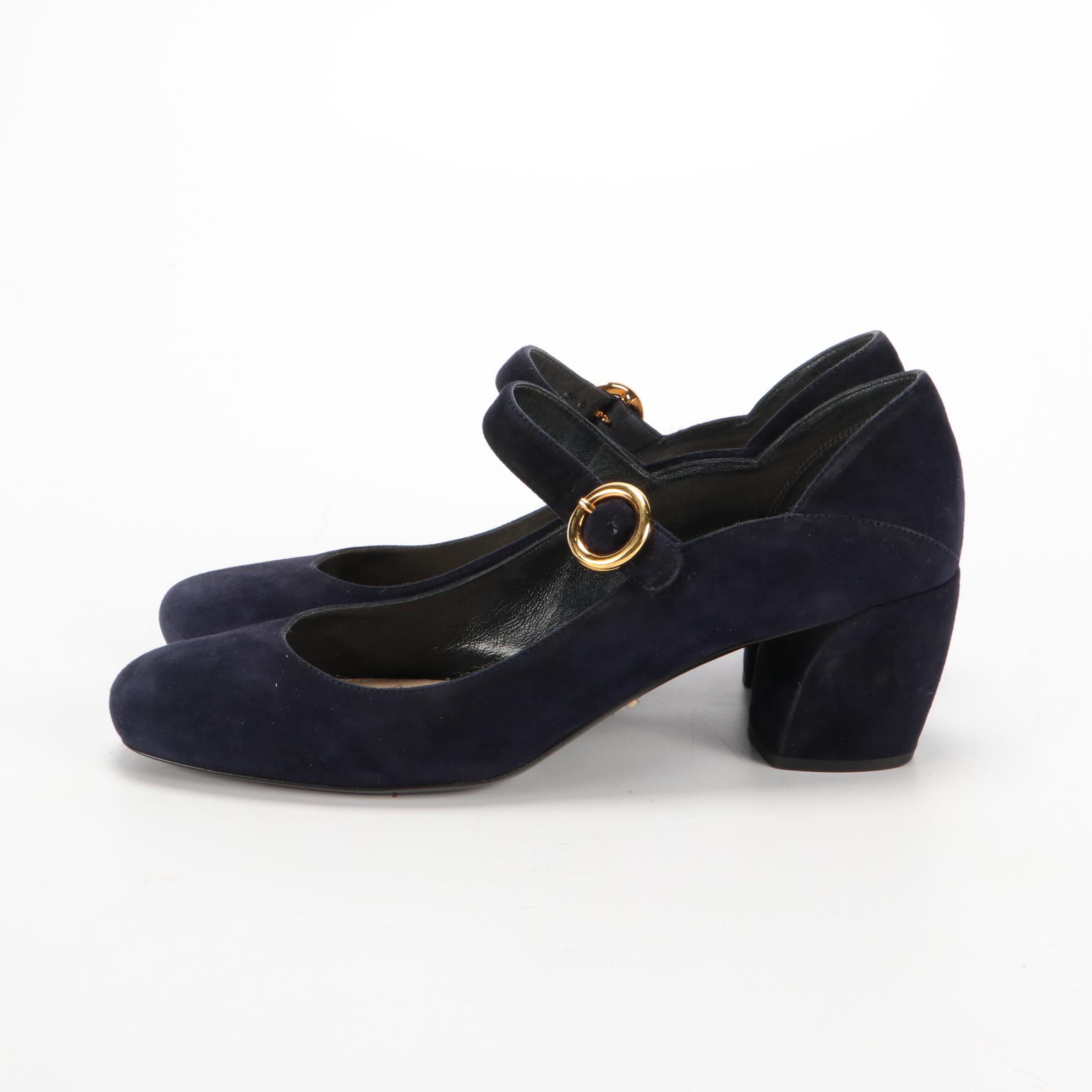 Prada Calzature Donna Navy Blue Suede Mary Jane Pumps