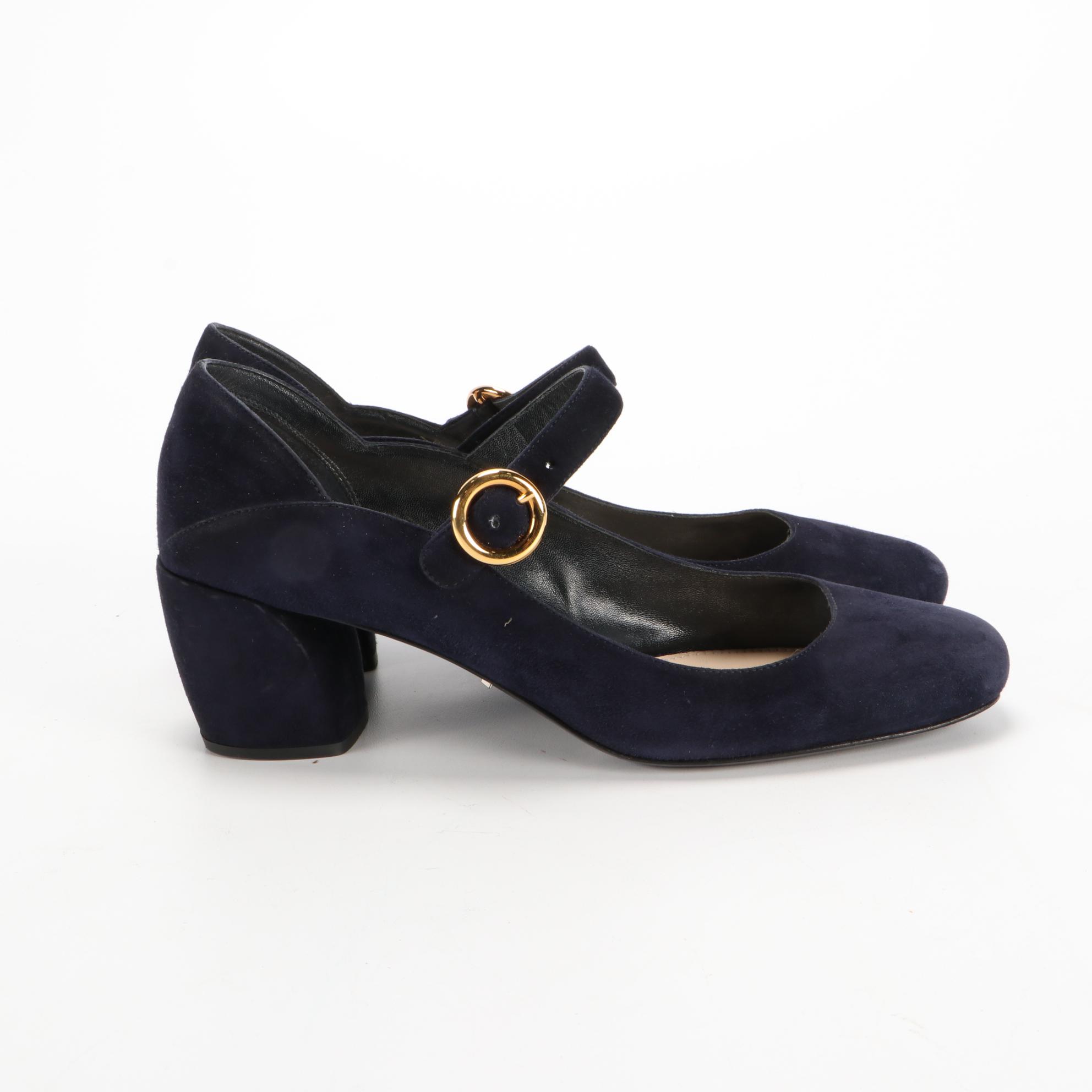 Prada Calzature Donna Navy Blue Suede Mary Jane Pumps