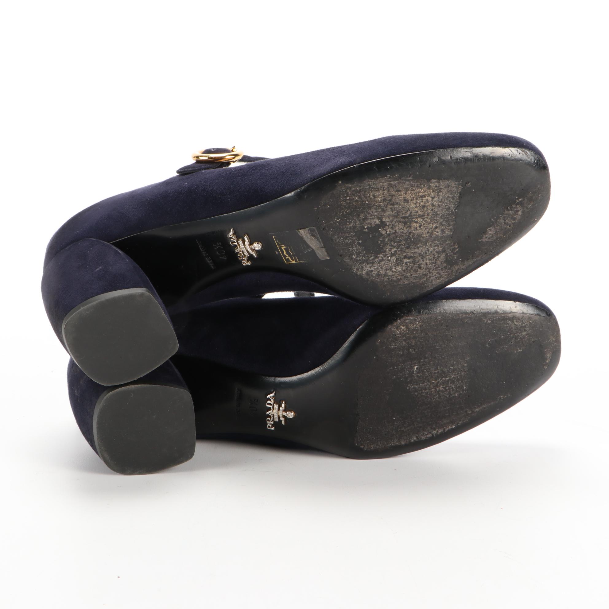 Prada Calzature Donna Navy Blue Suede Mary Jane Pumps