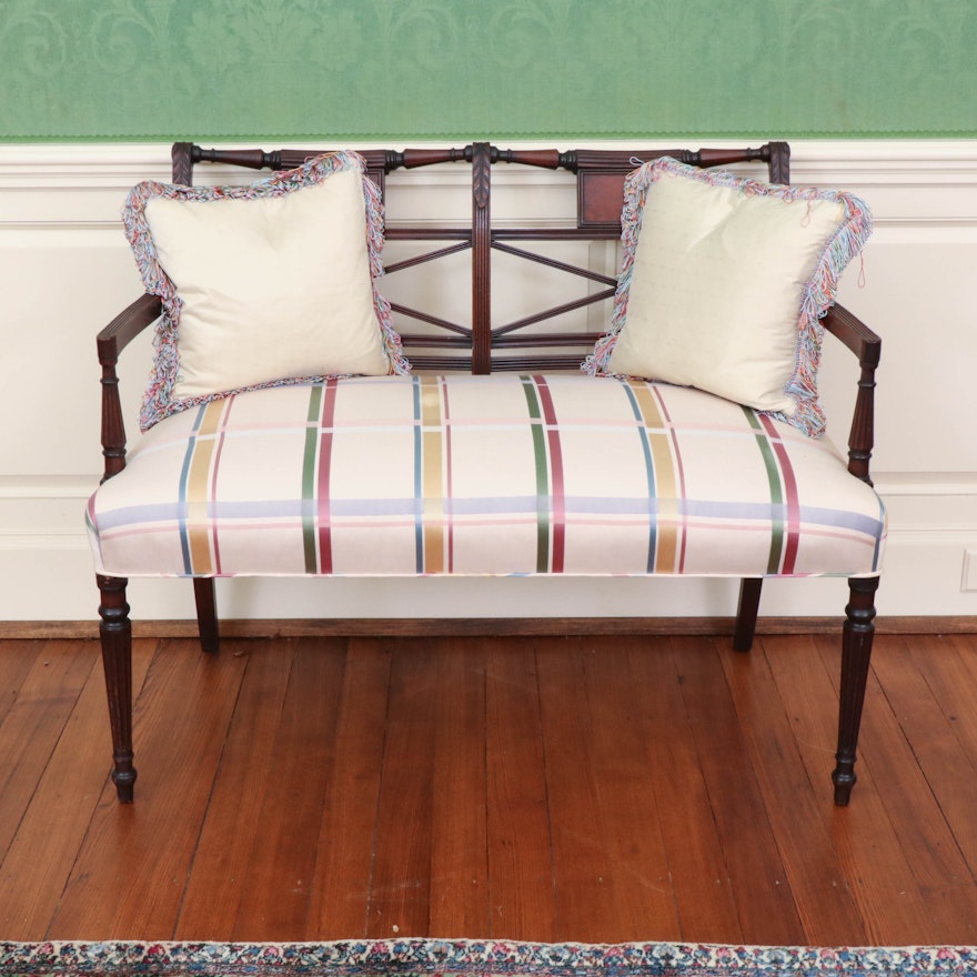 Classical Carved Mahogany Settee in Plaid Upholstery, 19th Century