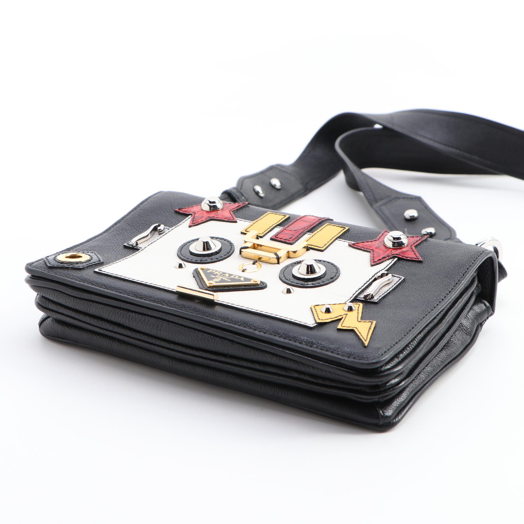 Prada Robot Flap Mixed Media Leather Shoulder Bag