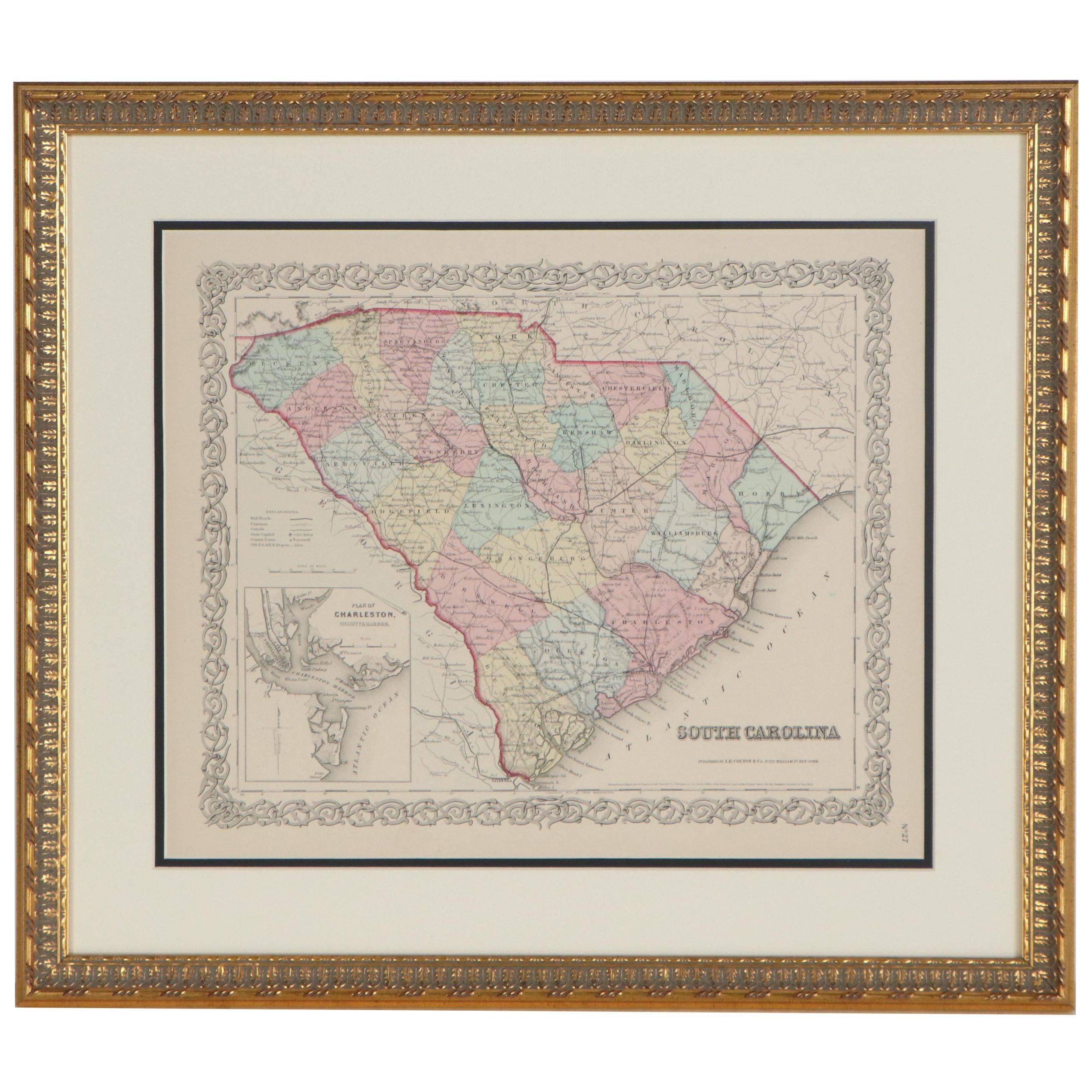 George W. Colton Hand-Colored Engraving Map "South Carolina," 1855