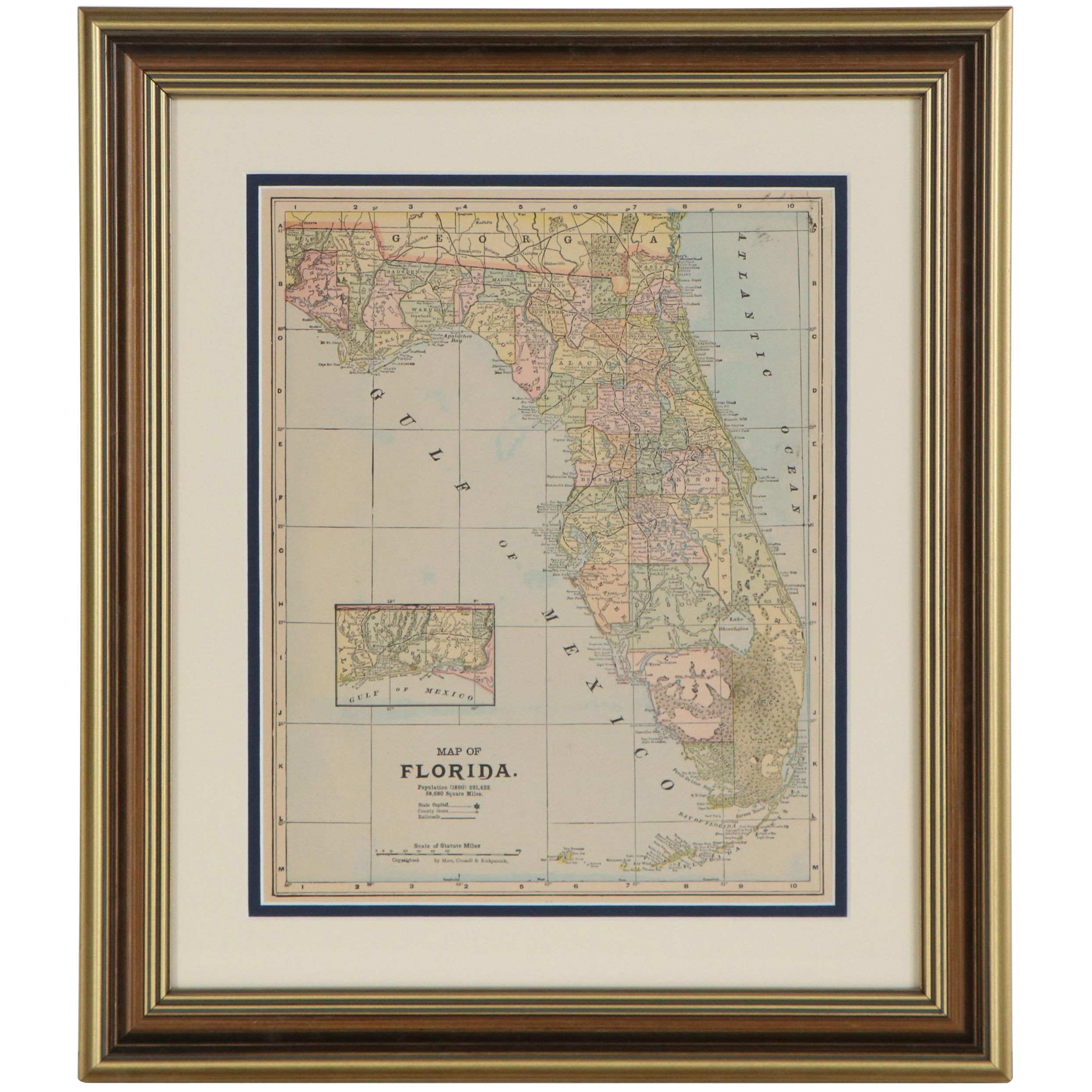Wax Engraving Railroad Map of Florida, 1900