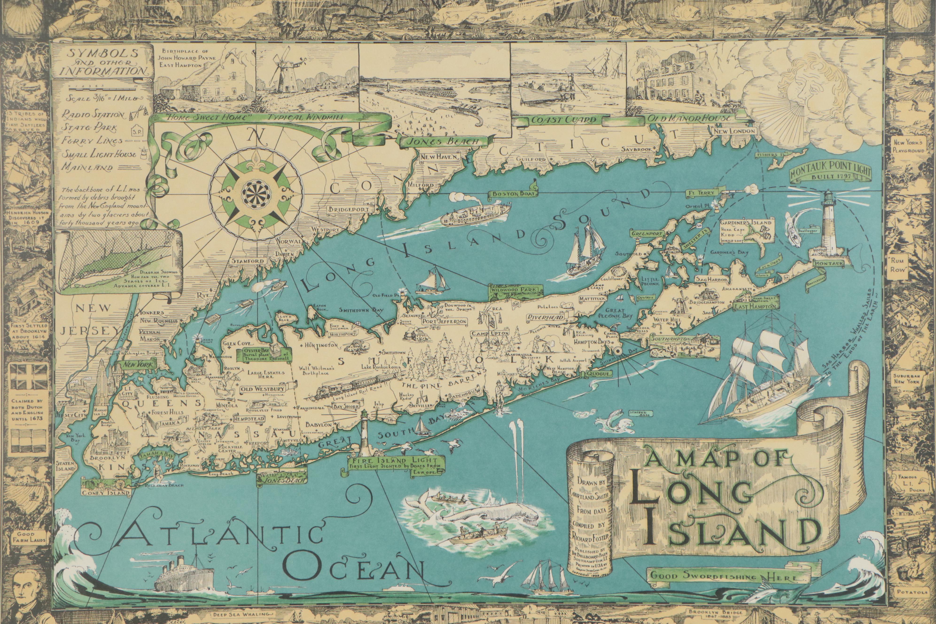 Lithograph Map after Courtland Smith "A Map of Long Island," circa 1961